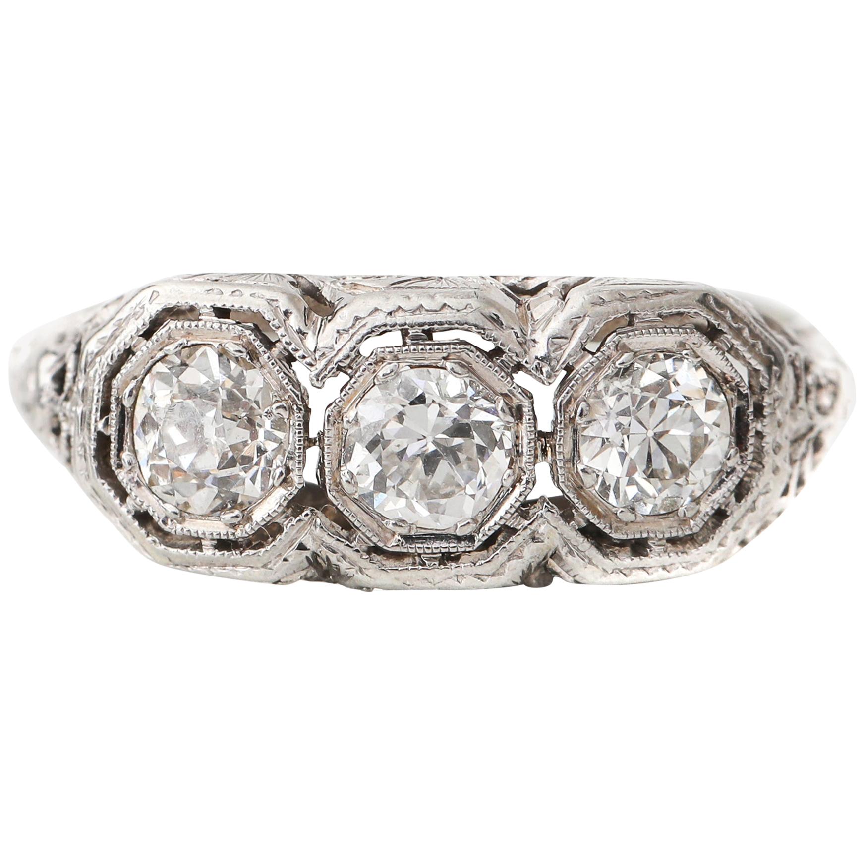 Victorian Antique Three-Diamond Filigree Low Profile Vintage Engagement Ring