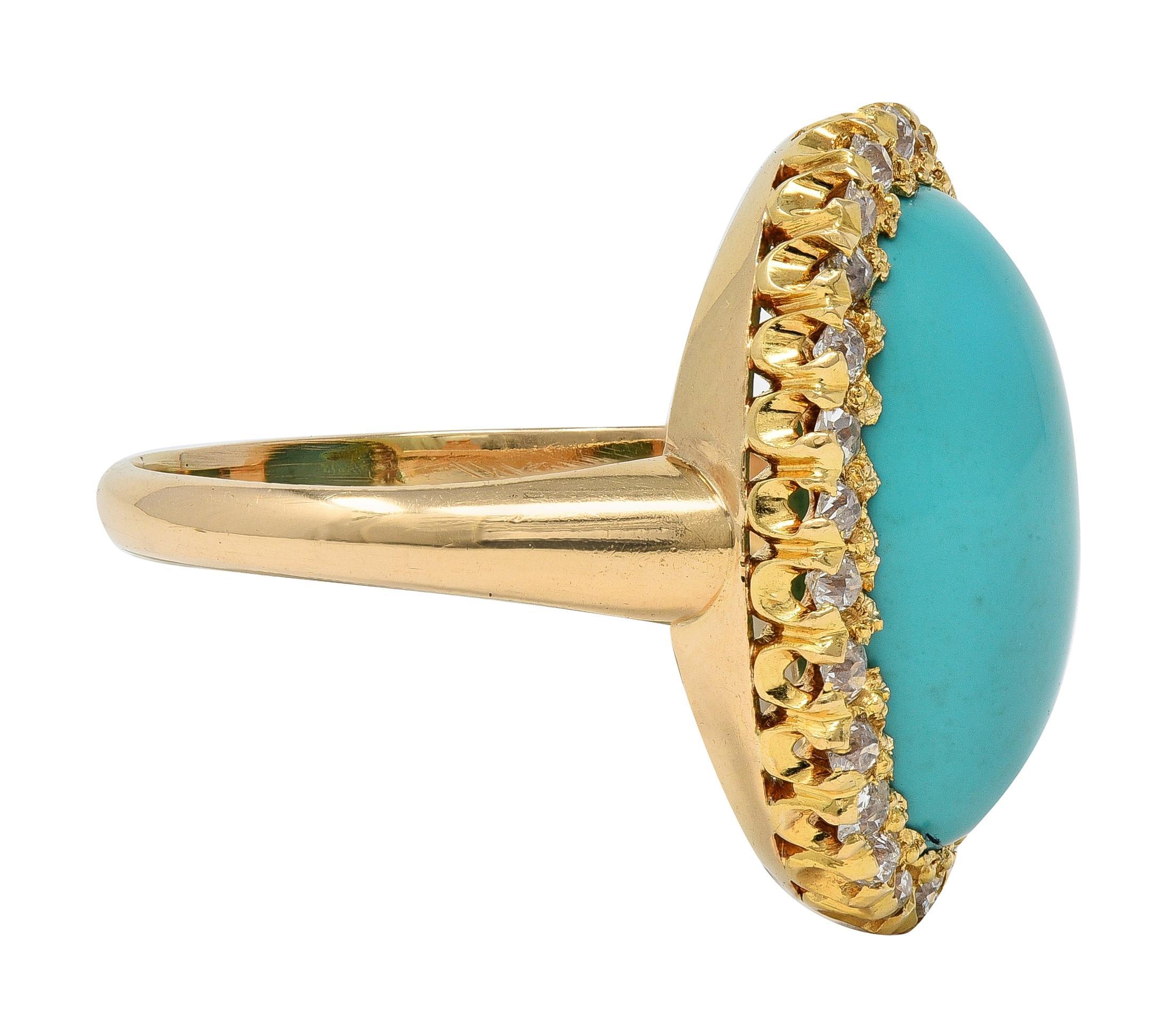 Vittoriano Victorian Antique Turquoise Diamond 14 Karat Yellow Gold Halo Ring in vendita