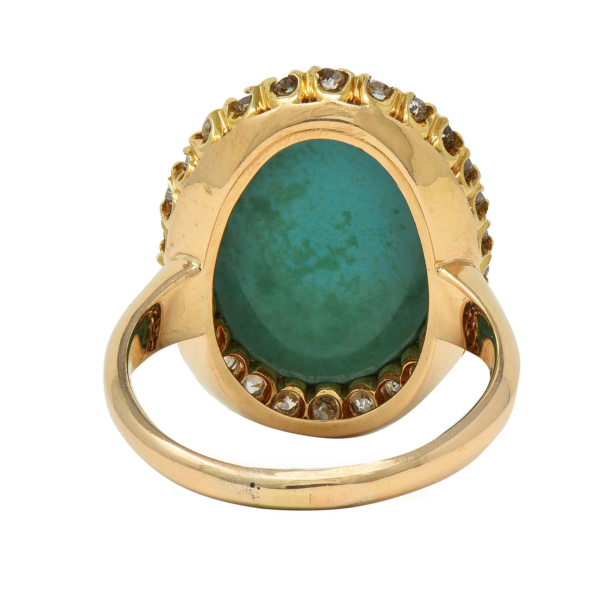 Cabochon Victorian Antique Turquoise Diamond 14 Karat Yellow Gold Halo Ring in vendita