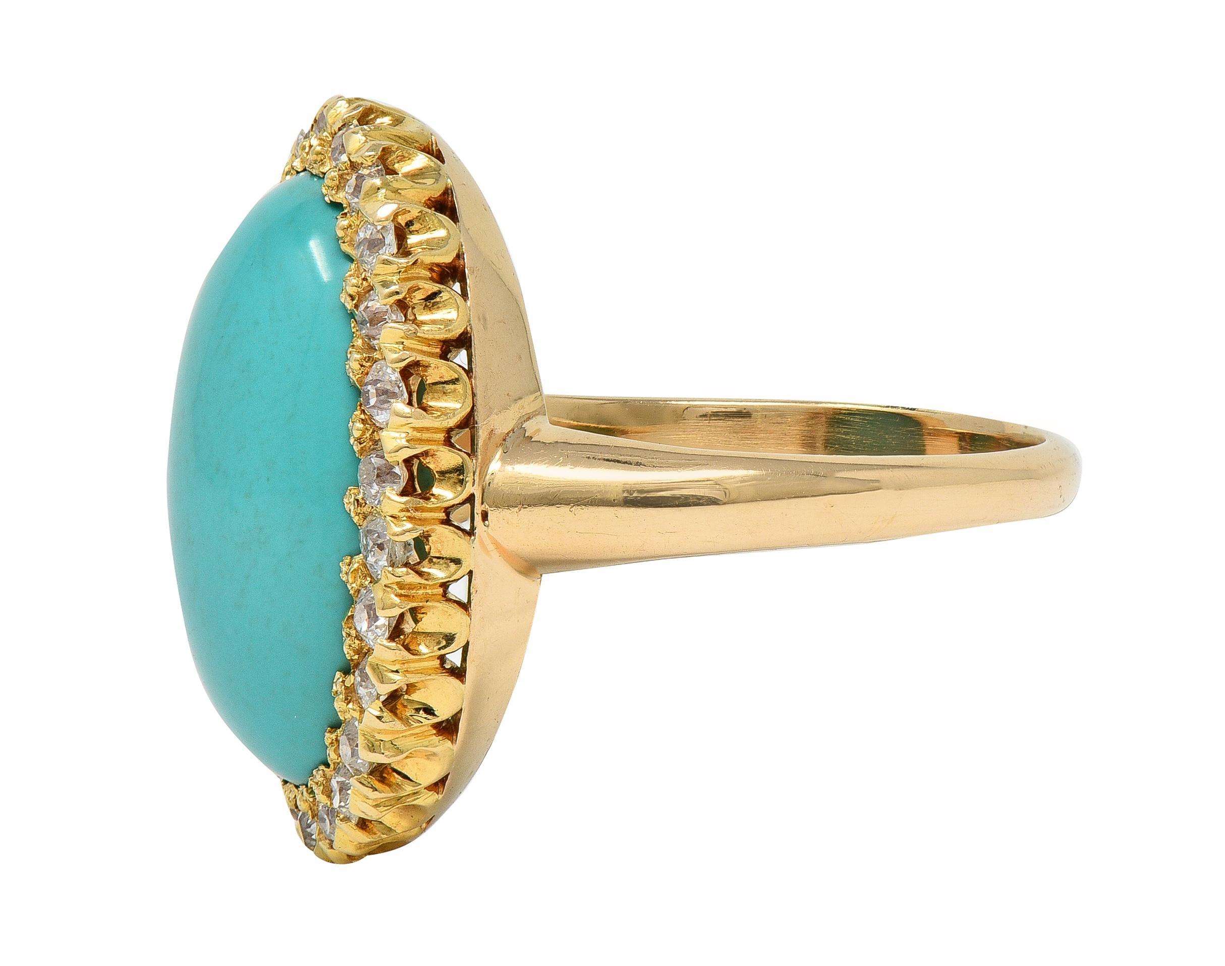 Victorian Antique Turquoise Diamond 14 Karat Yellow Gold Halo Ring In condizioni ottime in vendita a Philadelphia, PA