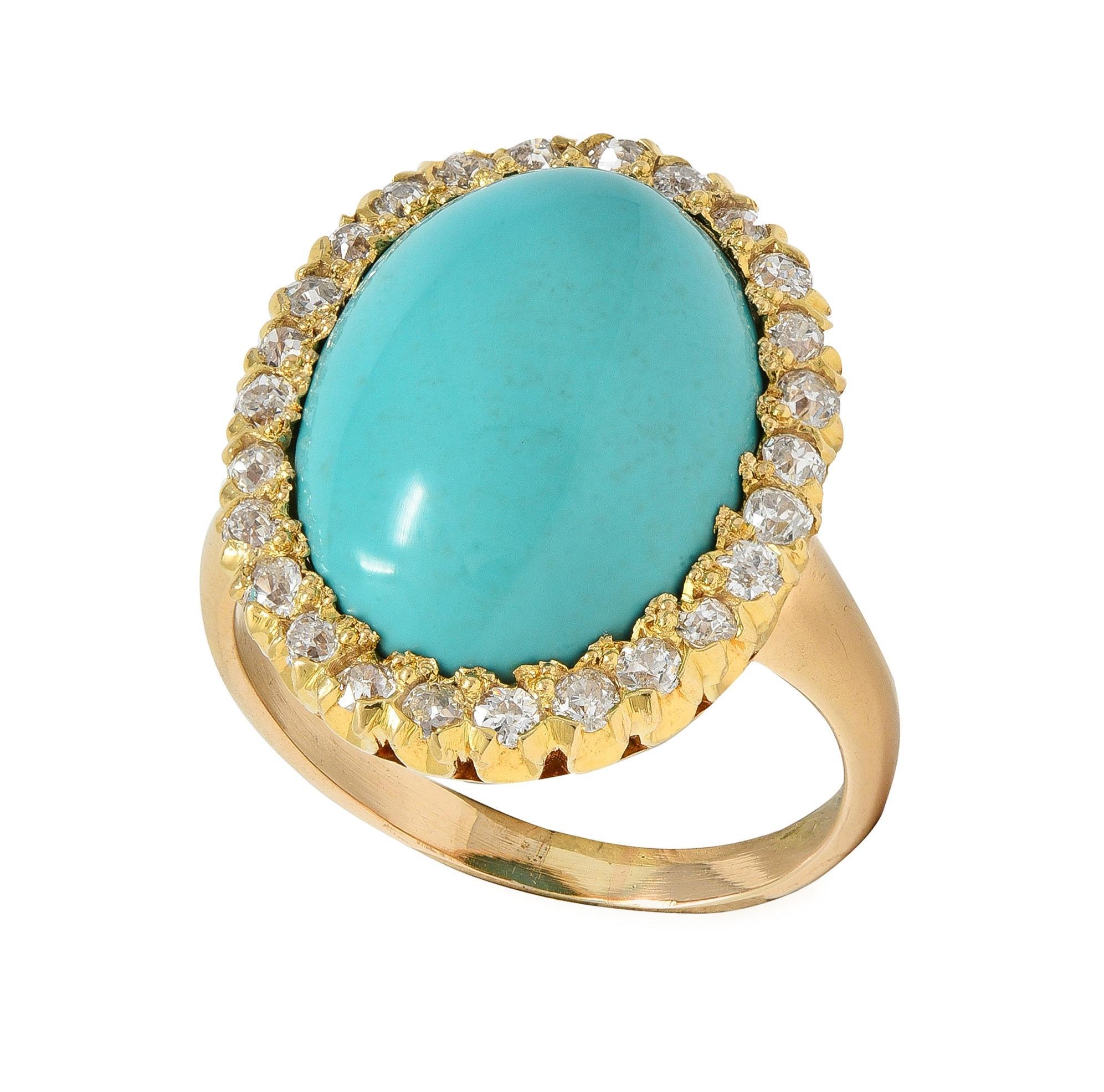 Victorian Antique Turquoise Diamond 14 Karat Yellow Gold Halo Ring in vendita 1
