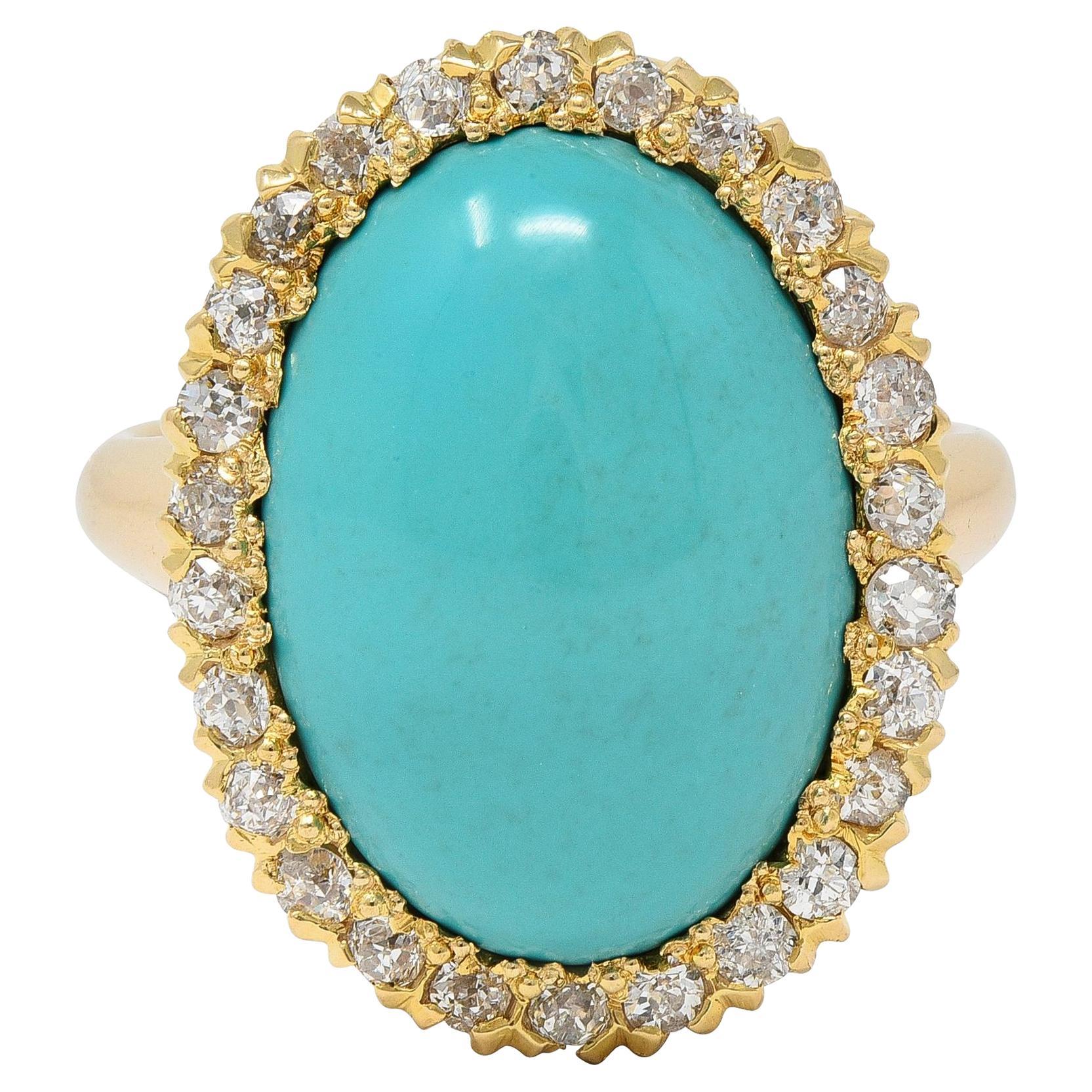 Victorian Antique Turquoise Diamond 14 Karat Yellow Gold Halo Ring