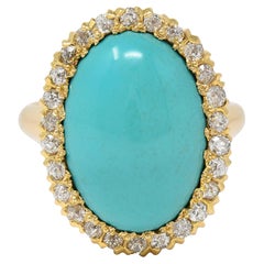 Victorian Antique Turquoise Diamond 14 Karat Yellow Gold Halo Ring