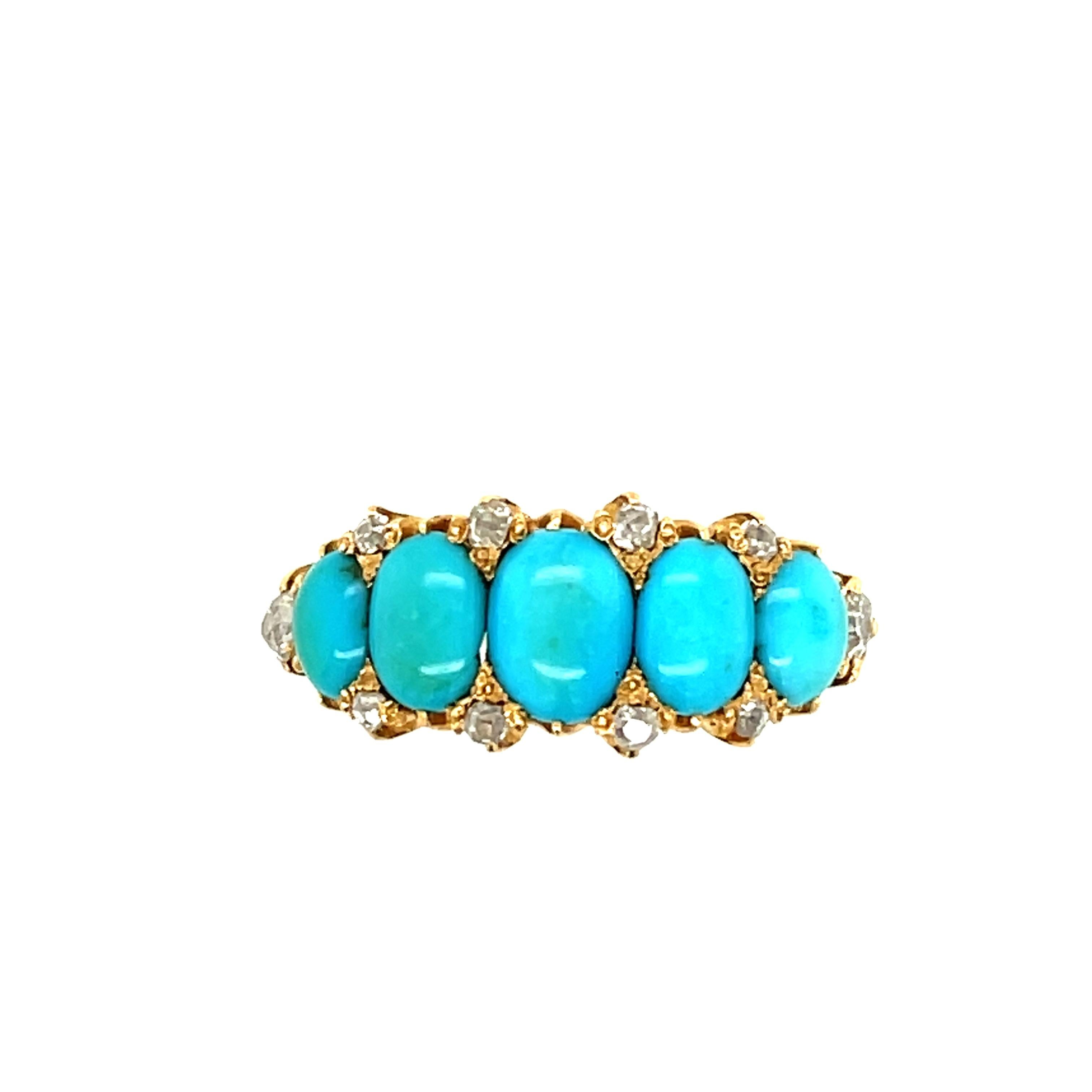 A beautiful antique 5 stone antique Victorian turquoise diamond ring, circa 1880. Half hoop rings were popular in the Georgian and Victorian Era.  Rings were often set with five or six stones across the top of the finger.  They are fun stack with