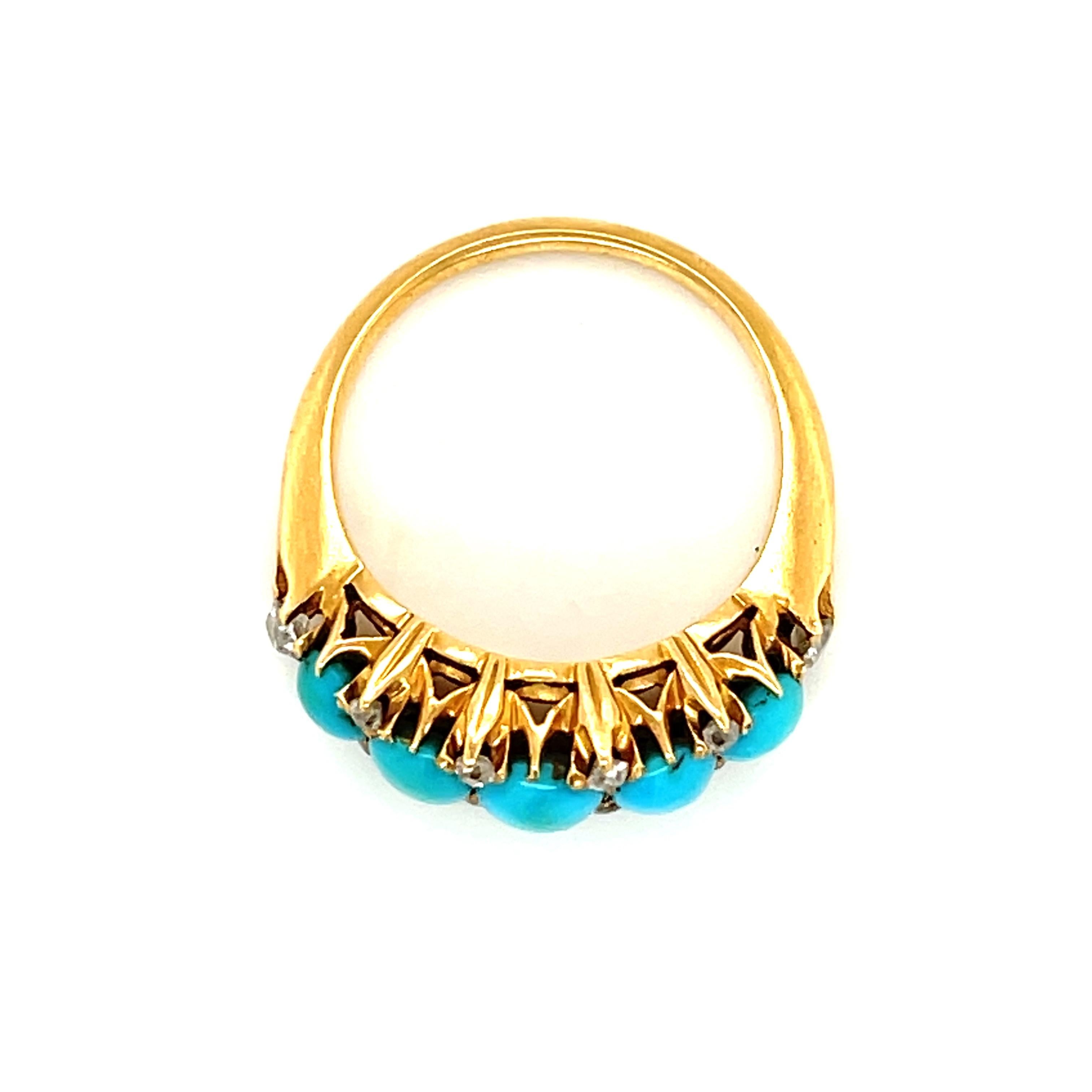 Cabochon Victorian Antique Turquoise Diamond Gold Half Hoop Ring