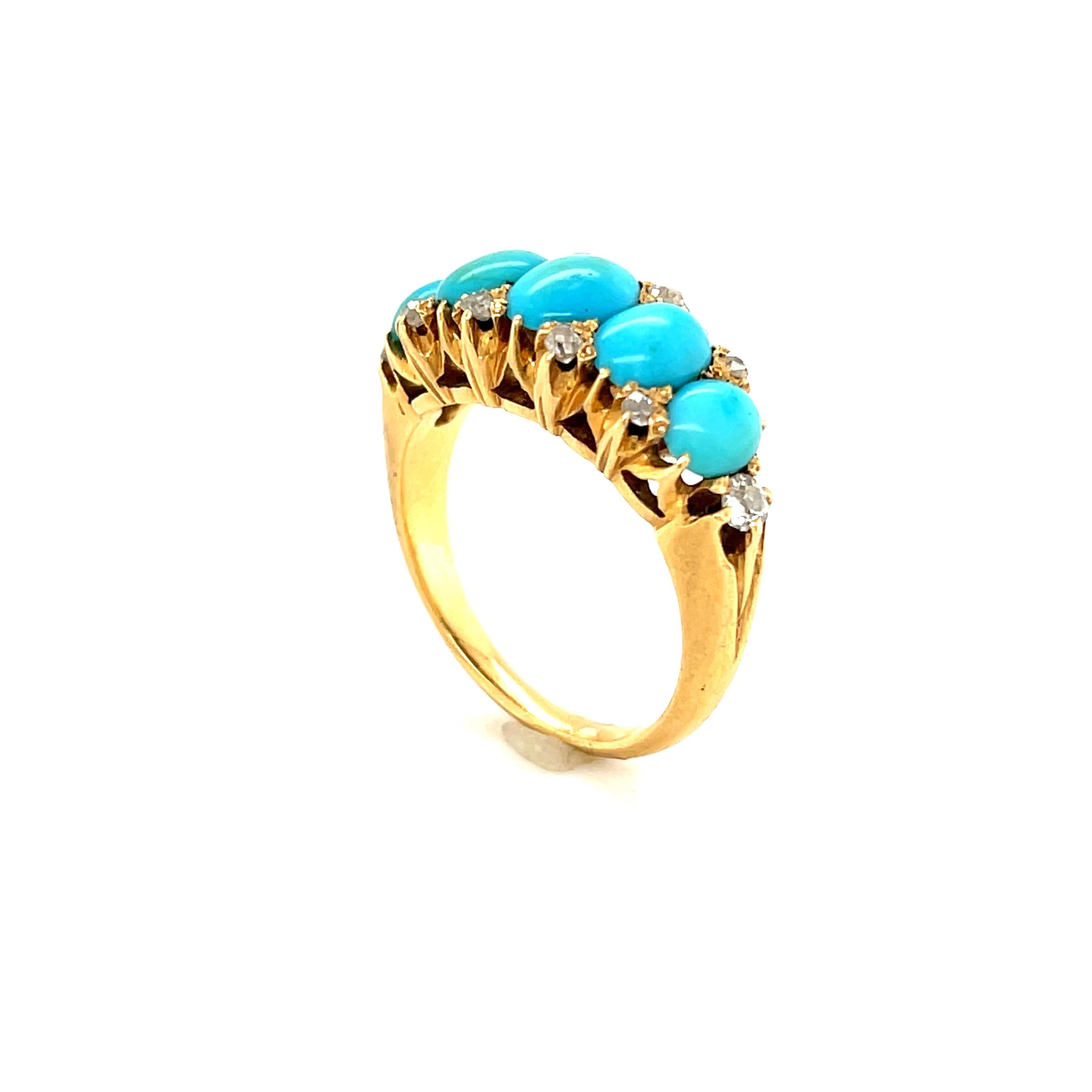 Victorian Antique Turquoise Diamond Gold Half Hoop Ring In Good Condition In New York, NY