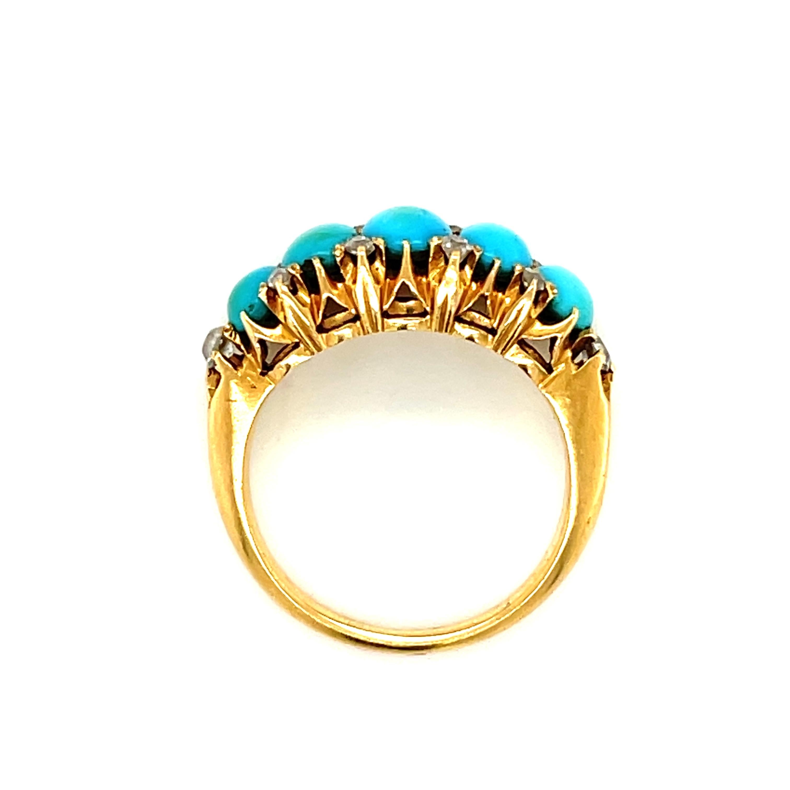 Women's or Men's Victorian Antique Turquoise Diamond Gold Half Hoop Ring
