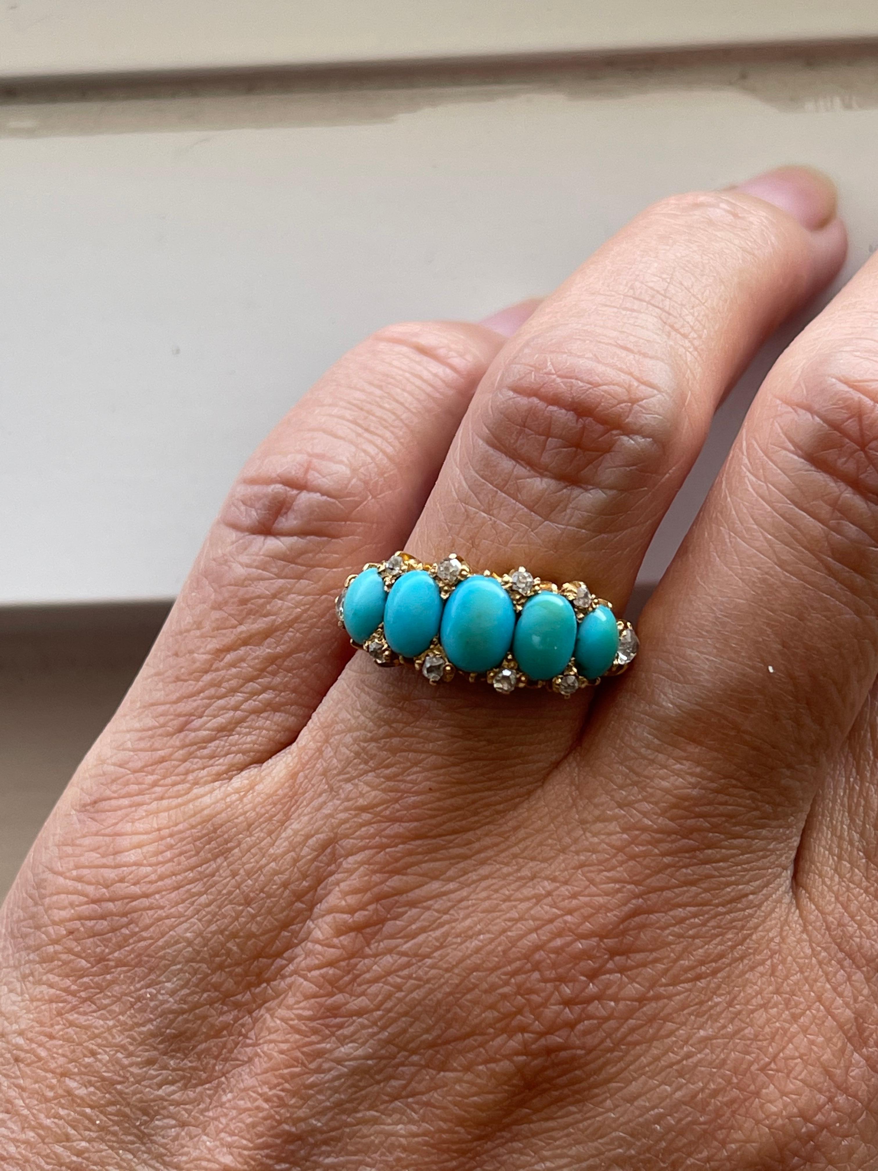 Victorian Antique Turquoise Diamond Gold Half Hoop Ring 1