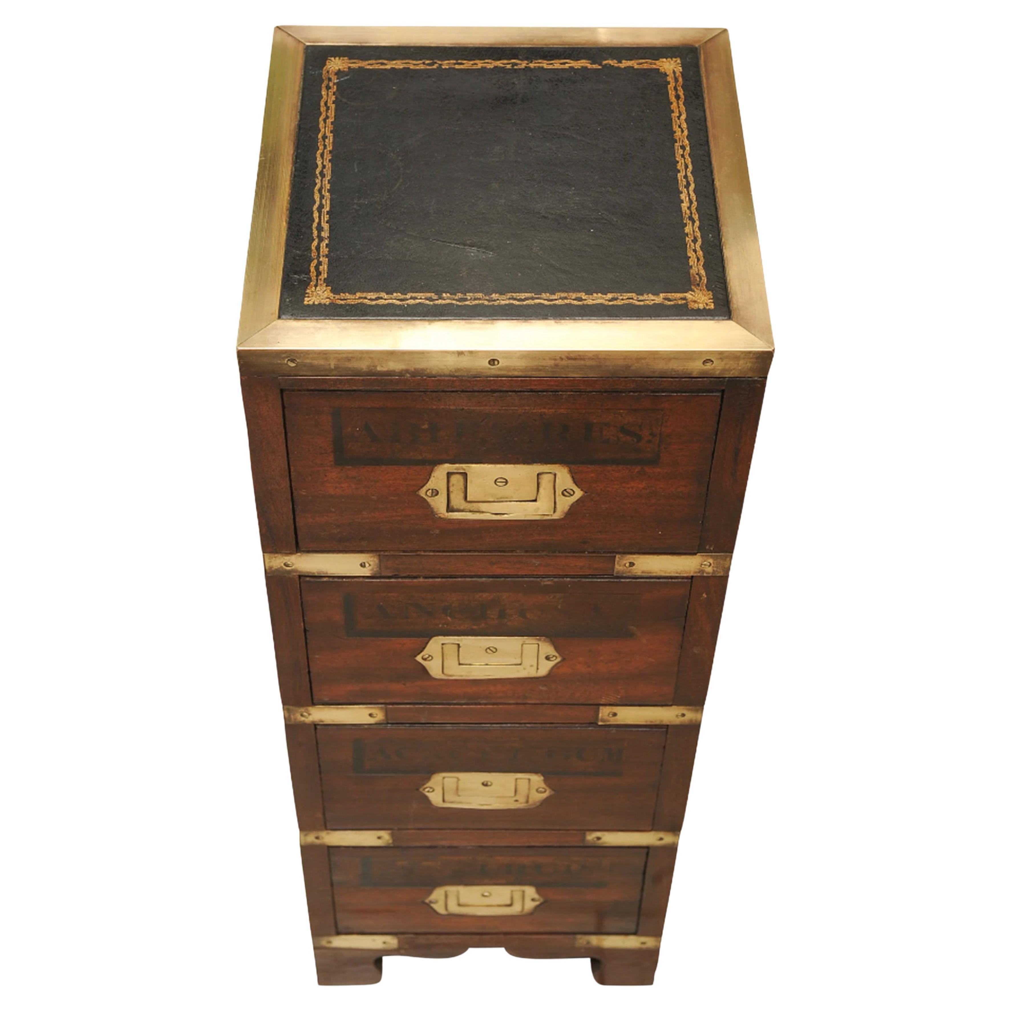 Rare Victorian Apothecary Military Campaign four drawer brass bound chest finished with tooled black leather

A Beautiful handcrafted Apothecary Chest. Each drawer has been indented and hand painted with its own medicine title for easy access.
