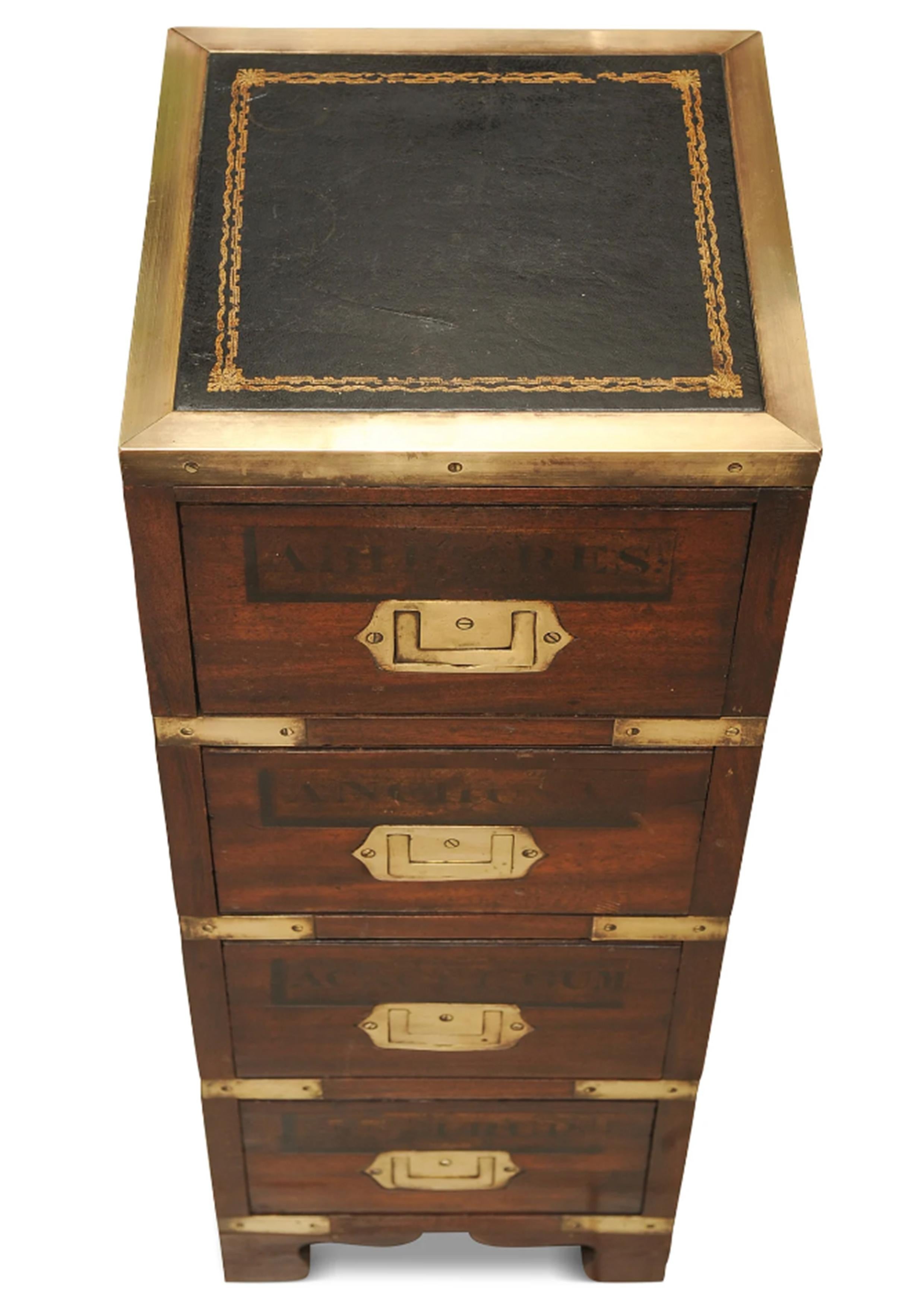 English Victorian Apothecary Campaign 4 Drawer Brass Bound Chest with Hand Painted Front For Sale
