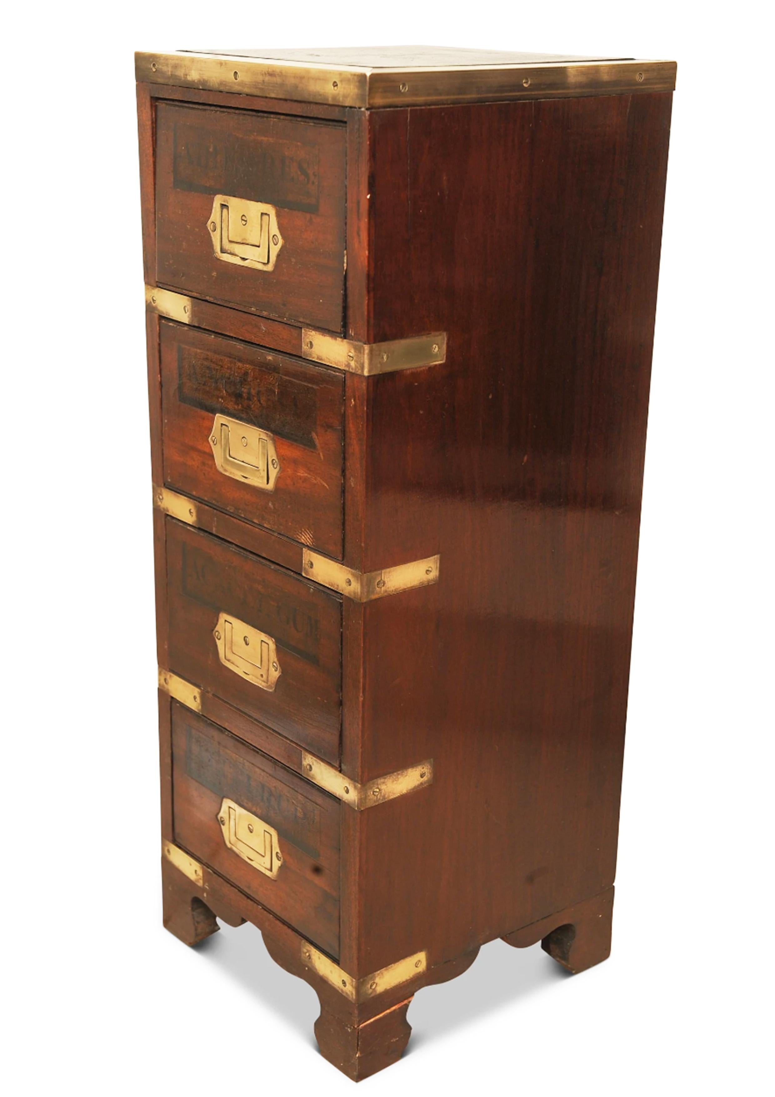 Hand-Crafted Victorian Apothecary Campaign 4 Drawer Brass Bound Chest with Hand Painted Front For Sale
