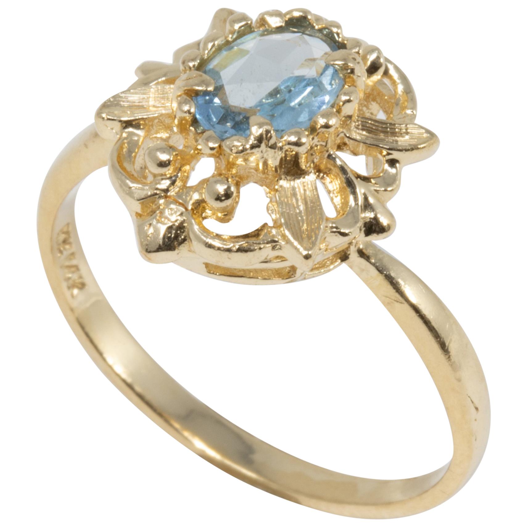 Aquamarine 14 Karat Ornate Floral Gold Ring, Open Back Setting, Vintage