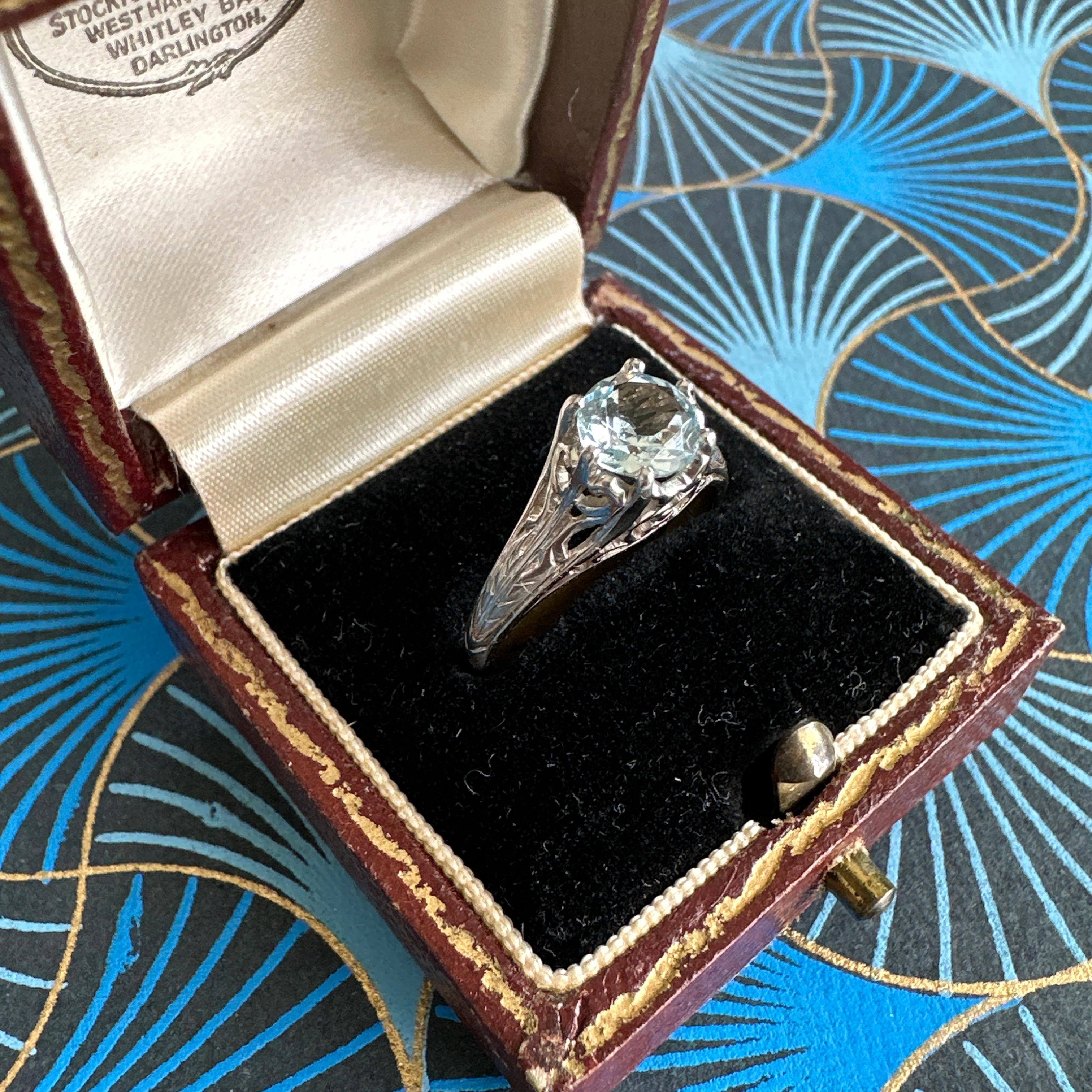 Victorian Aquamarine 14K White Gold Filigree Ring For Sale 5