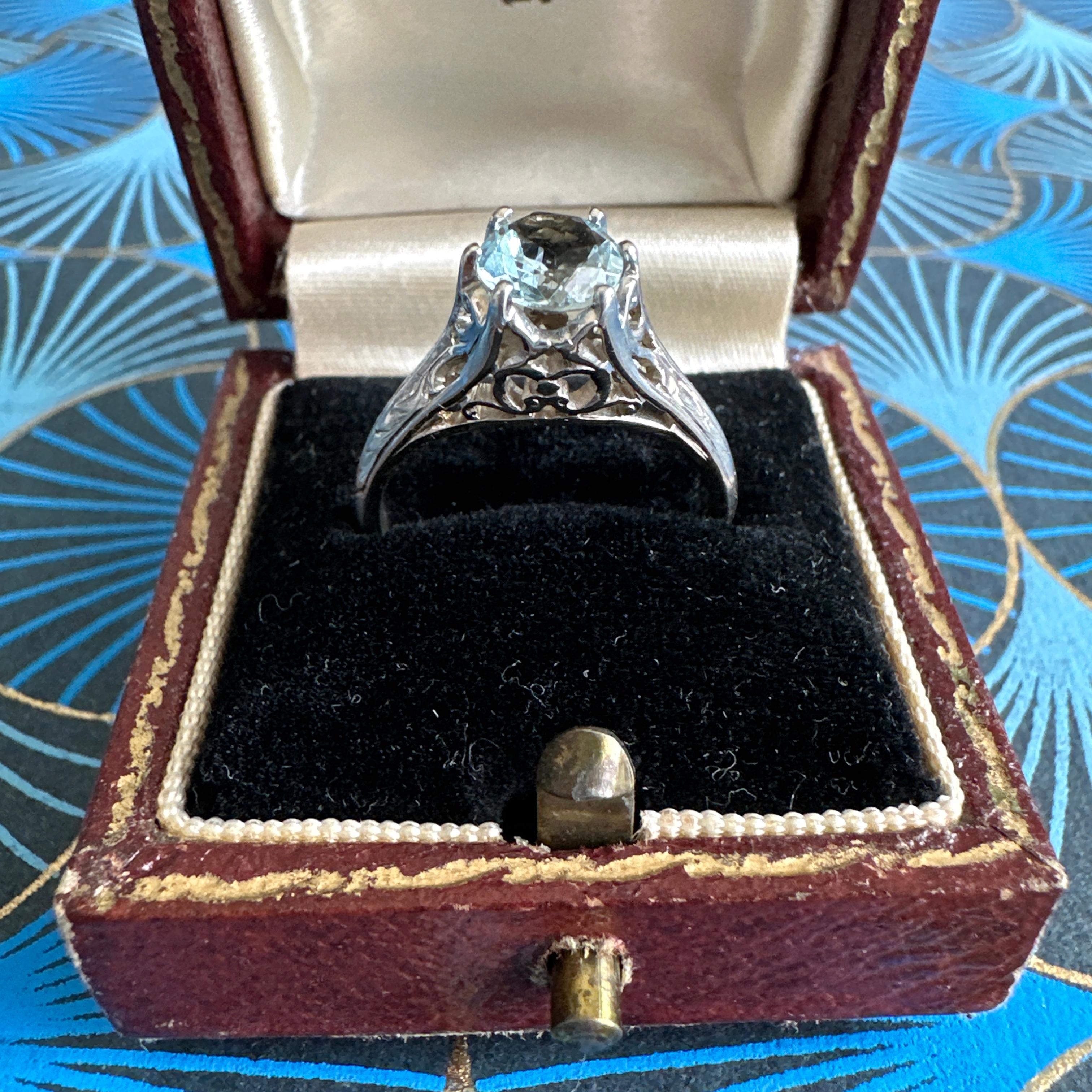 Victorian Aquamarine 14K White Gold Filigree Ring For Sale 6