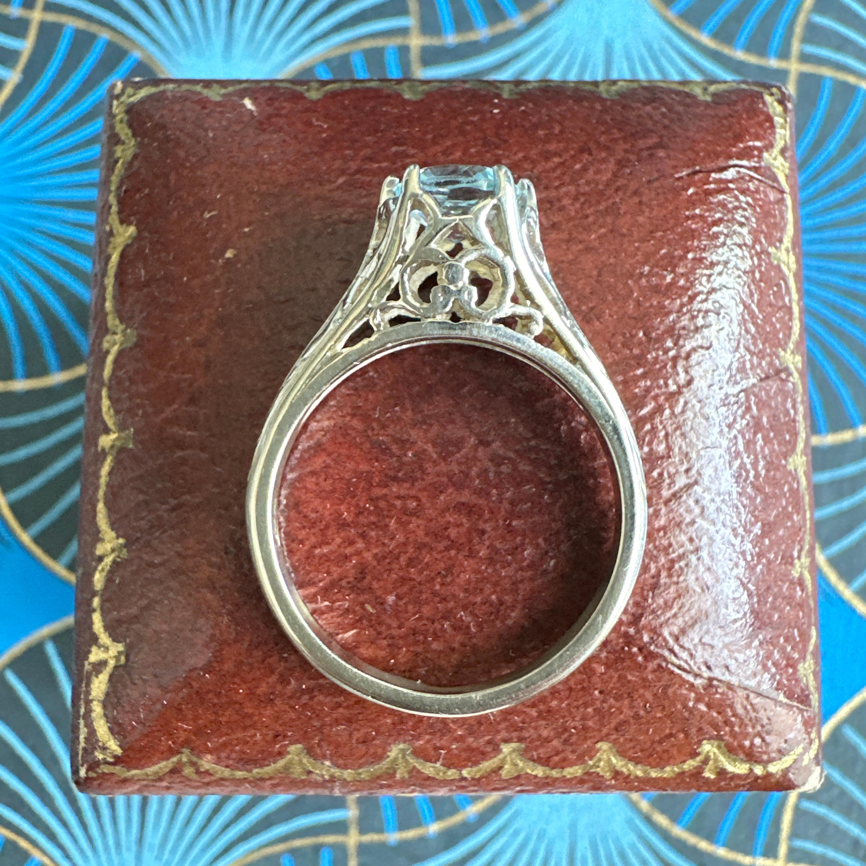 Victorian Aquamarine 14K White Gold Filigree Ring For Sale 7