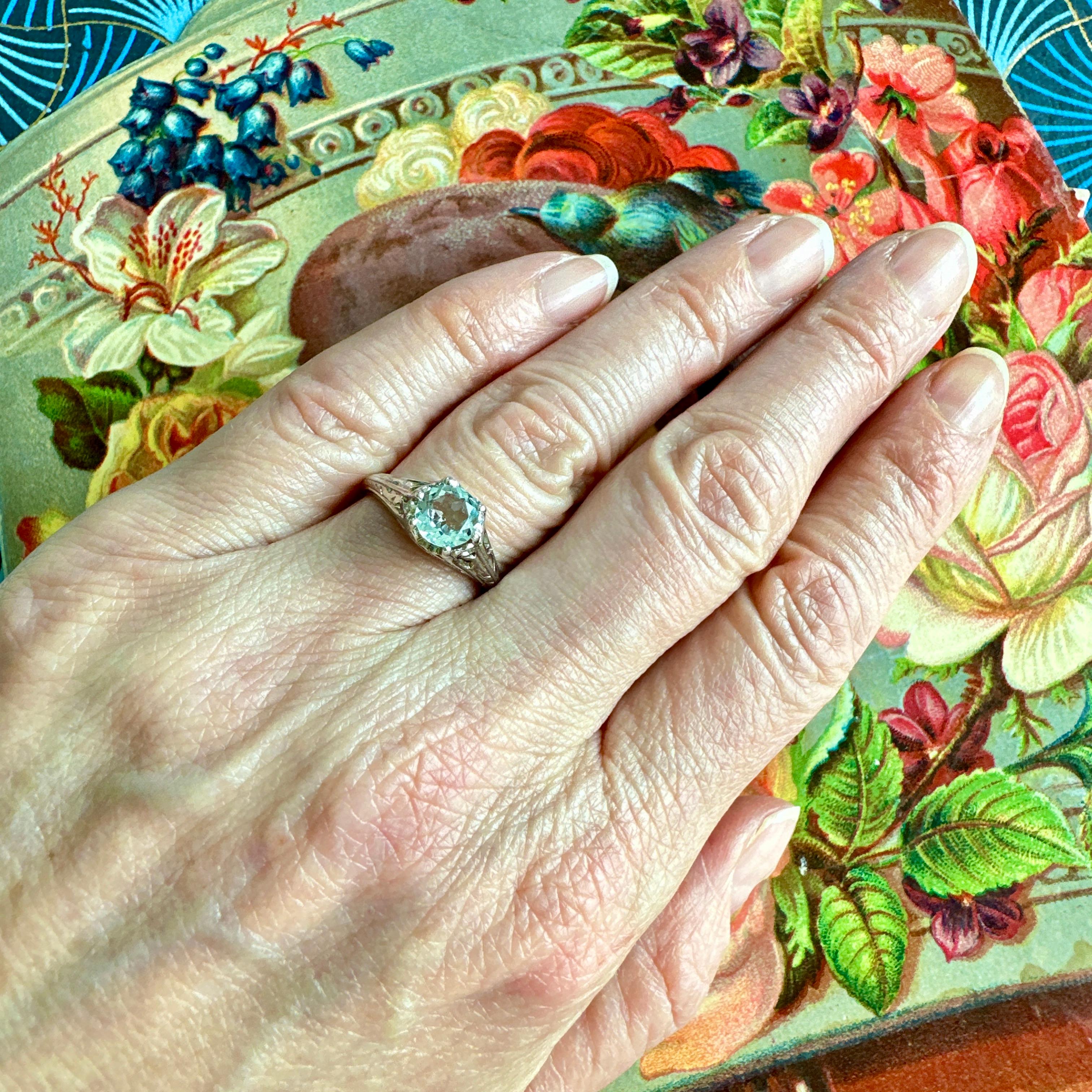Edwardian Victorian Aquamarine 14K White Gold Filigree Ring For Sale