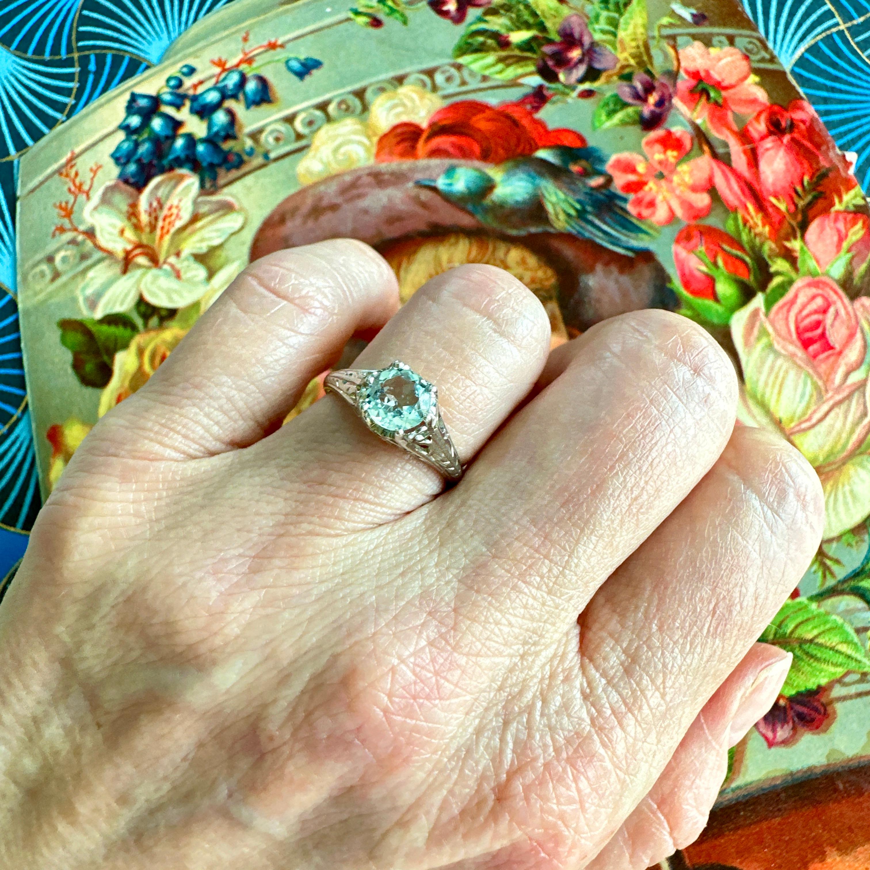 Round Cut Victorian Aquamarine 14K White Gold Filigree Ring For Sale