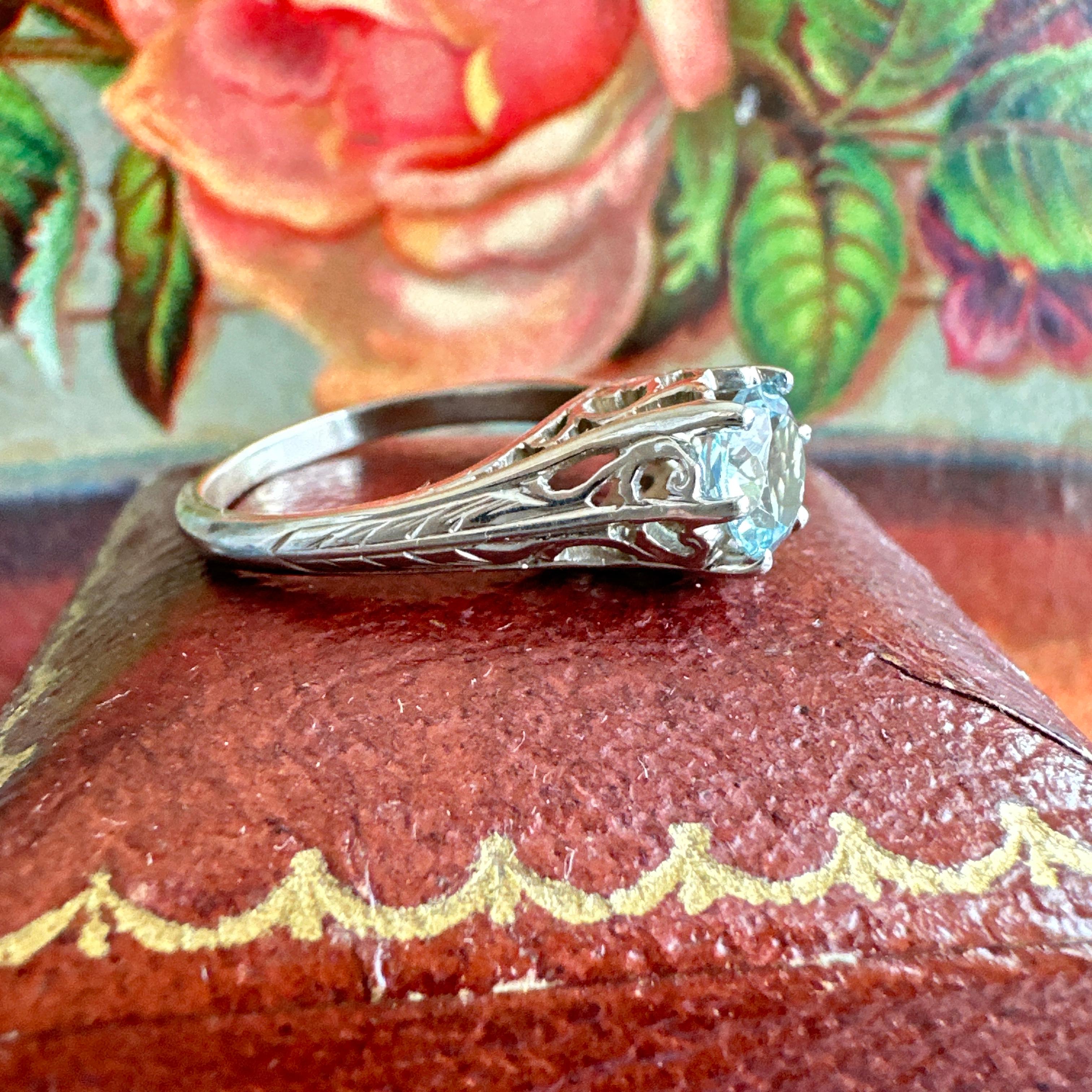 Women's Victorian Aquamarine 14K White Gold Filigree Ring For Sale