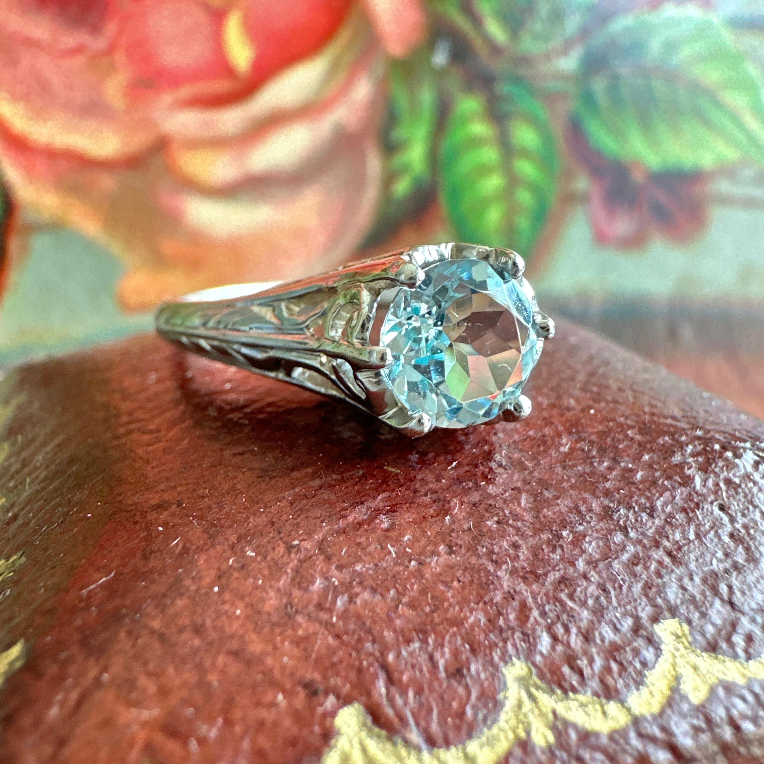 Victorian Aquamarine 14K White Gold Filigree Ring For Sale 1