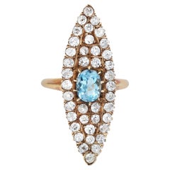 Antique Victorian Aquamarine and Diamond 18 Karat Gold Navette Dinner Ring