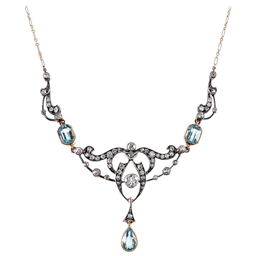 Victorian Aquamarine and Diamond Festoon Necklace with Original Box