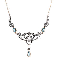 Antique Victorian Aquamarine and Diamond Festoon Necklace with Original Box