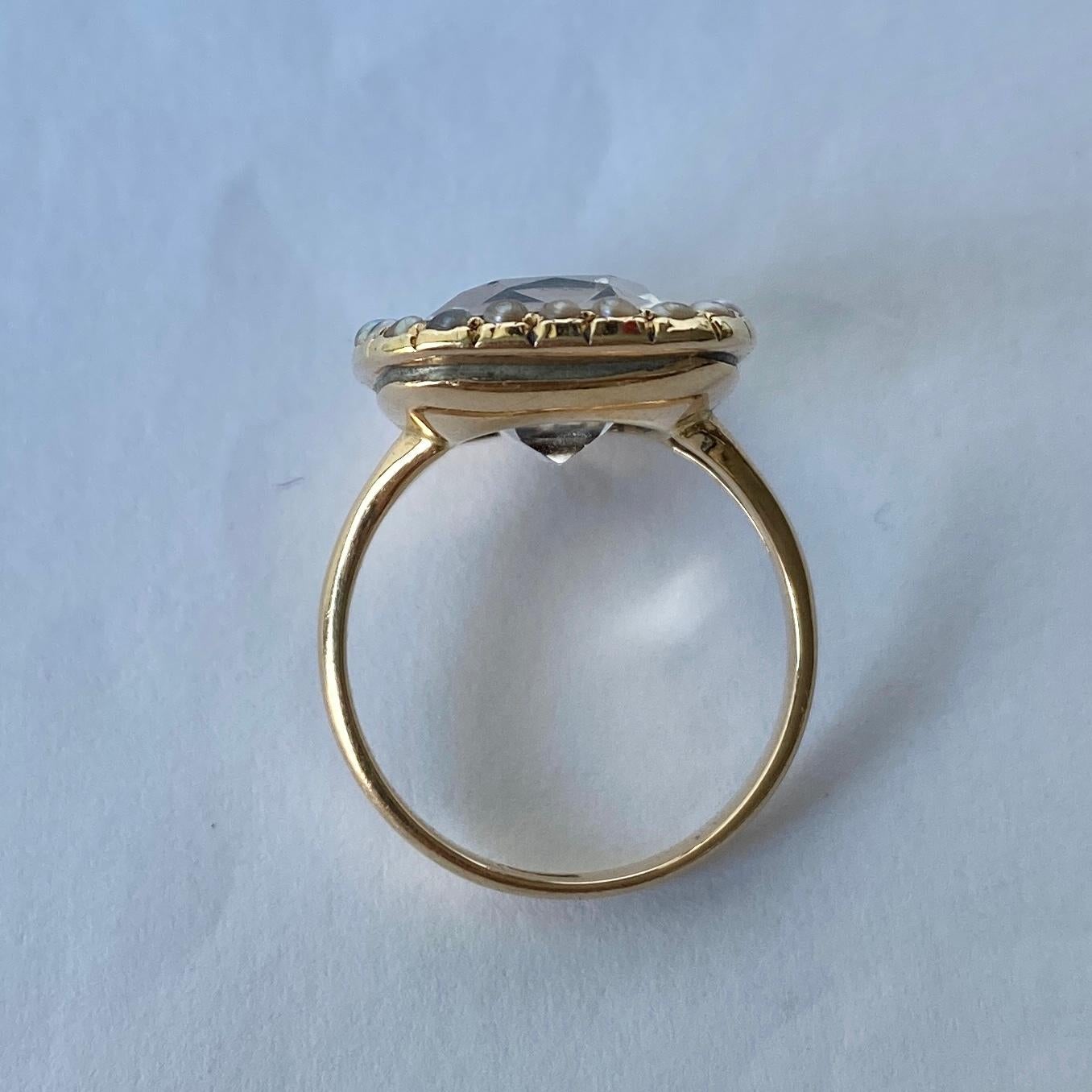 Uncut Victorian Aquamarine and Pearl 15 Carat Gold Cluster Ring