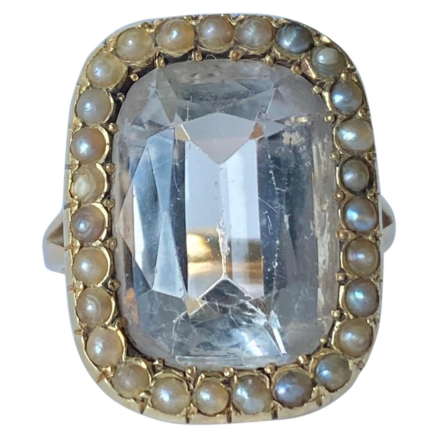 Victorian Aquamarine and Pearl 15 Carat Gold Cluster Ring