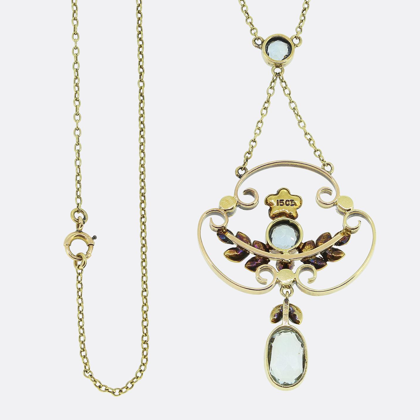 Round Cut Victorian Aquamarine and Pearl Lavalier Necklace For Sale