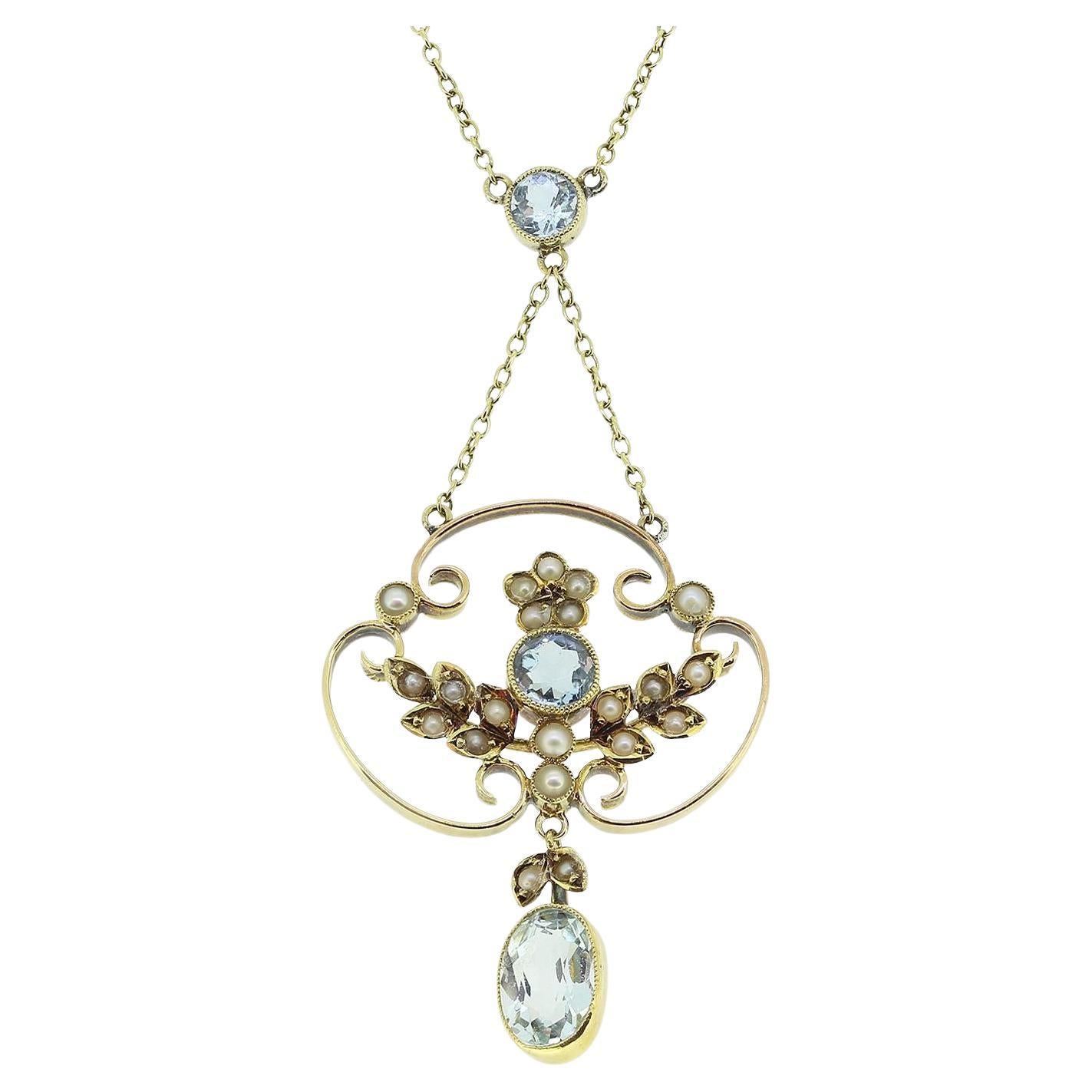 Viktorianische Lavalier-Halskette aus Aquamarin und Perle