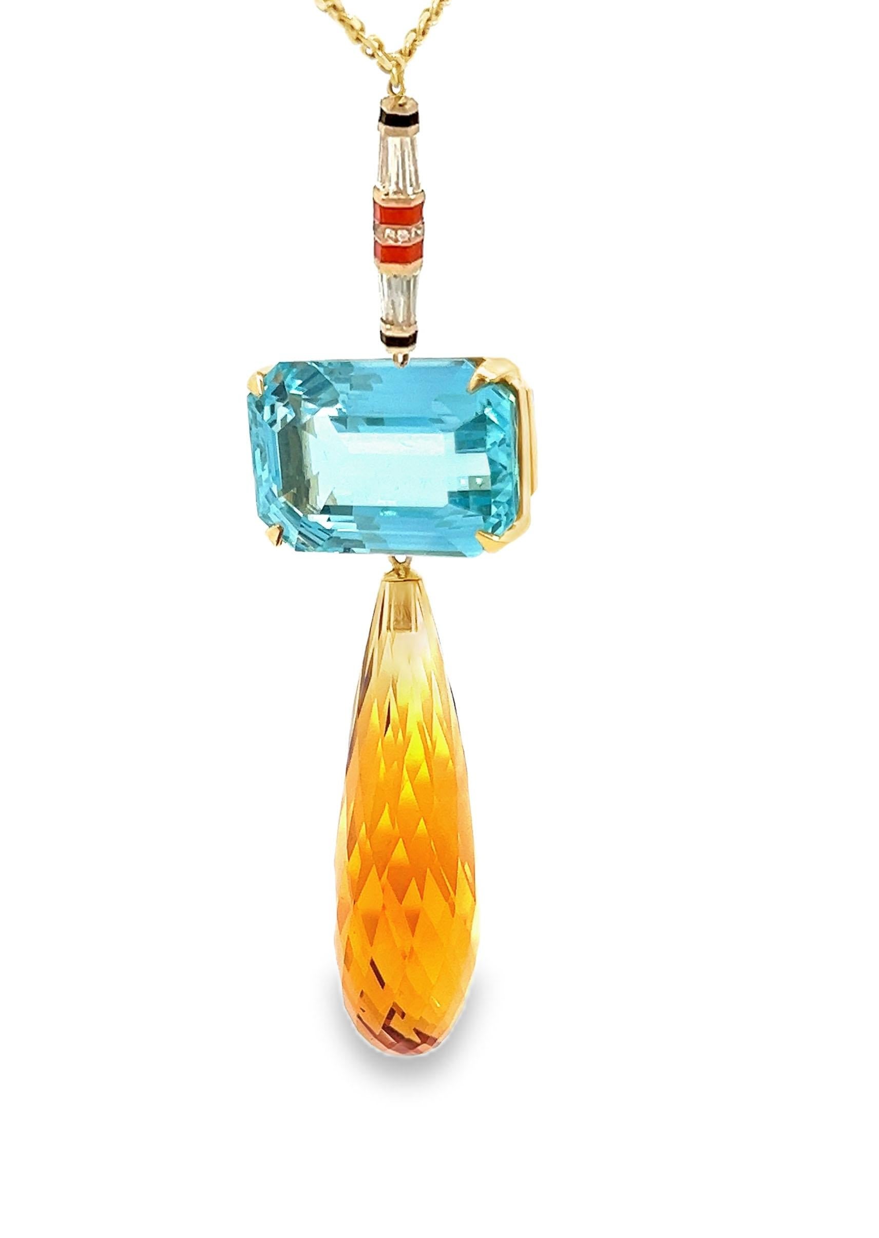 This stunning Victorian 18K yellow gold enamel necklace showcases a timeless design with exceptional craftsmanship. The chain, featuring intricate orange enamel, coral, and onyx detailing, is accented by 3.18 carats of diamond barrel cylinder