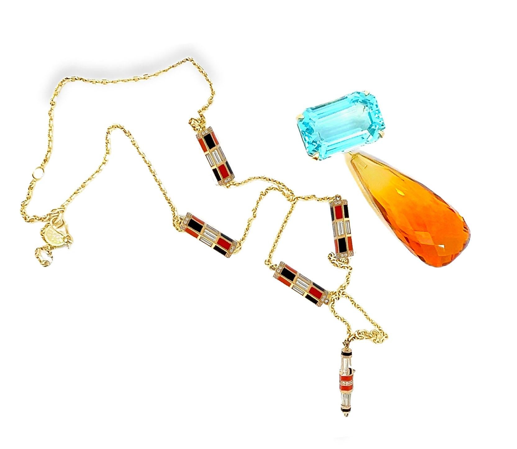Briolette Cut Victorian Aquamarine Citrine Diamond Pendant Drop Necklace Chain