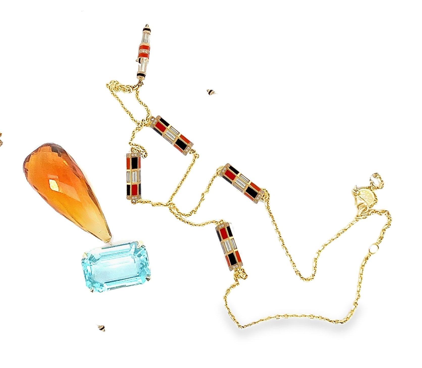 Victorian Aquamarine Citrine Diamond Pendant Drop Necklace Chain In Excellent Condition In Beverly Hills, CA