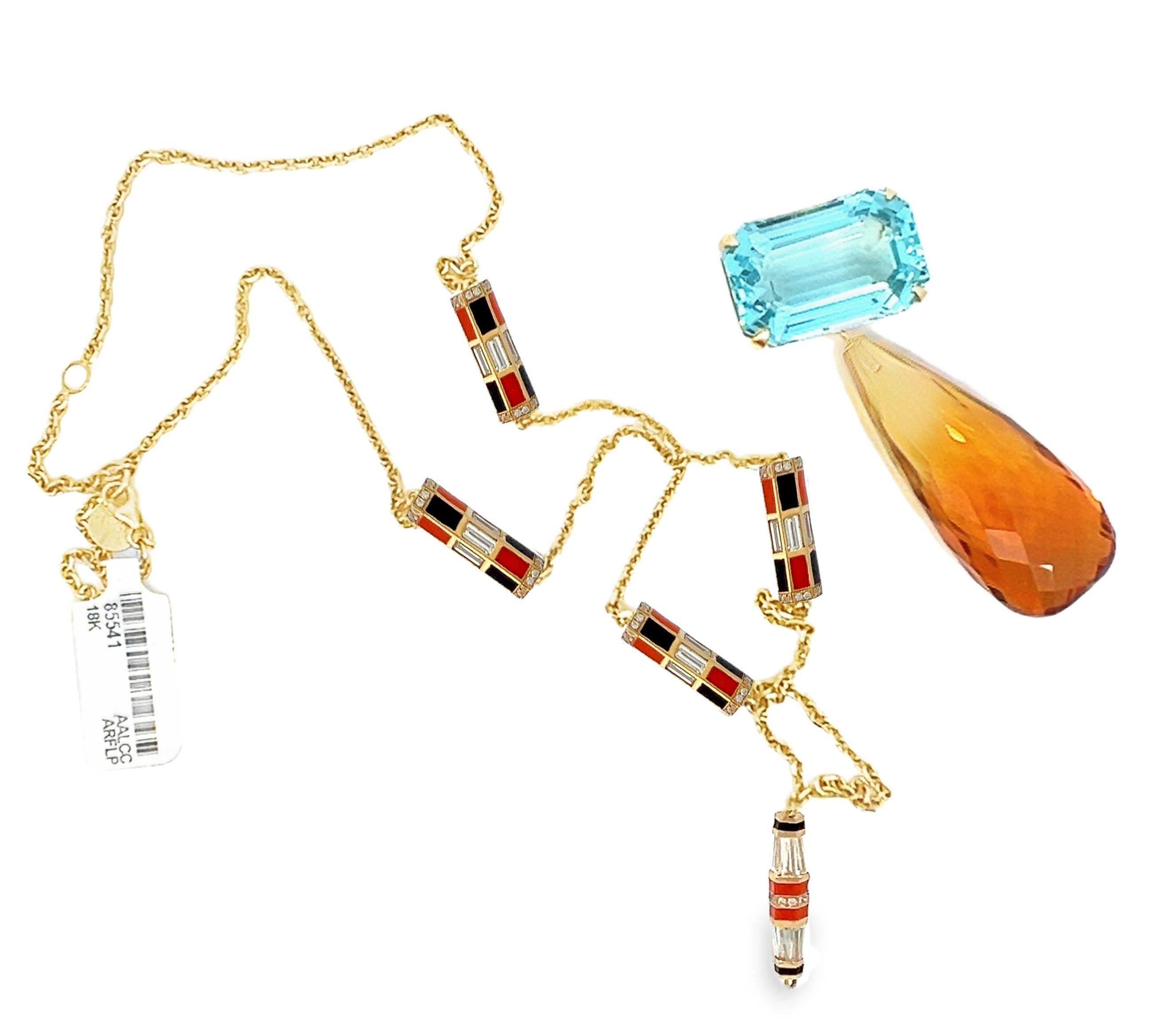 Women's or Men's Victorian Aquamarine Citrine Diamond Pendant Drop Necklace Chain