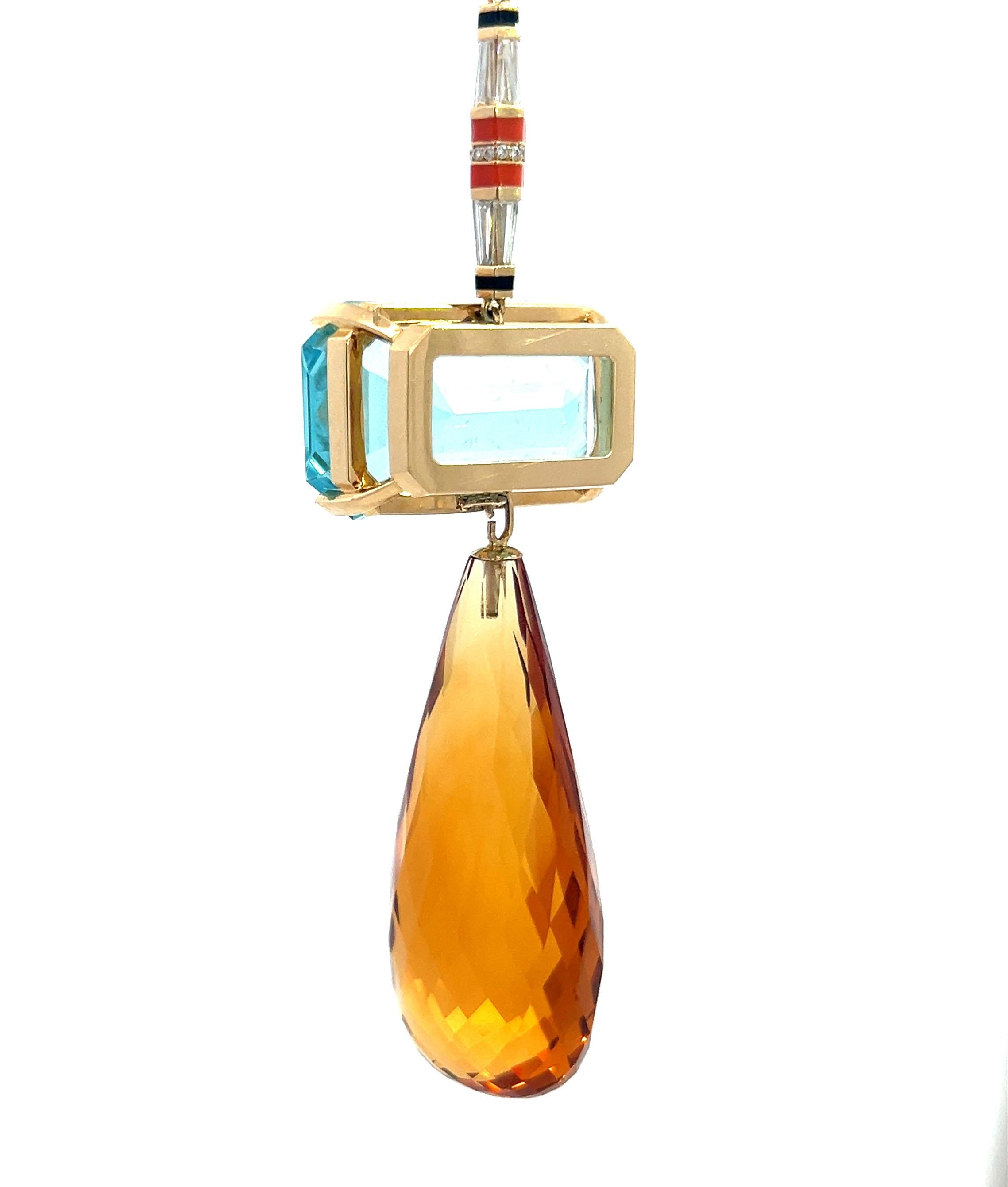 Victorian Aquamarine Citrine Diamond Pendant Drop Necklace Chain 3