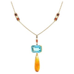 Victorian Aquamarine Citrine Diamond Pendant Drop Necklace Chain