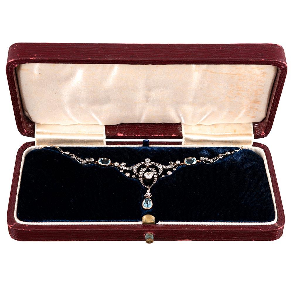 Mixed Cut Victorian Aquamarine and Diamond Festoon Necklace with Original Box