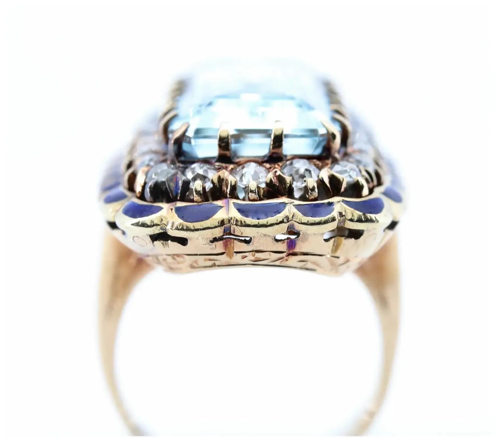 Women's or Men's Victorian Aquamarine, Enamel, & Old Mine Cut Diamond Ring in 14K Yellow Gold For Sale