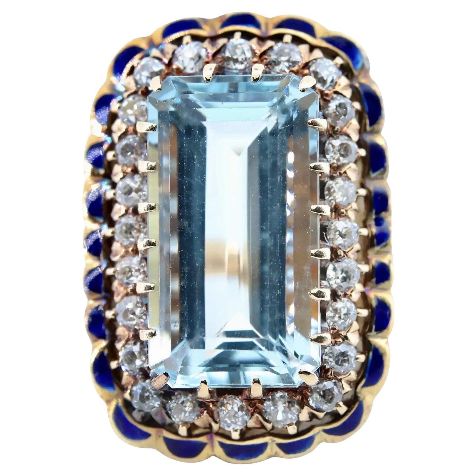 Victorian Aquamarine, Enamel, & Old Mine Cut Diamond Ring in 14K Yellow Gold