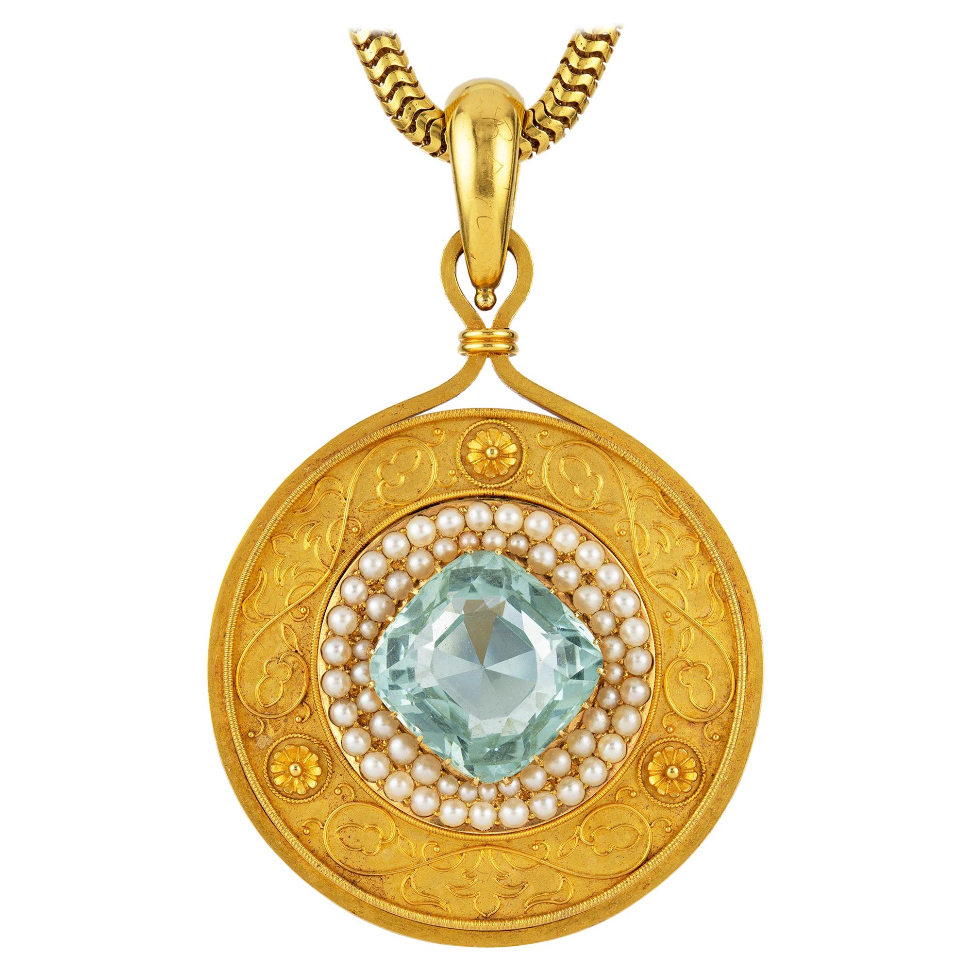 Victorian Aquamarine, Pearl and Gold Pendant-Necklace