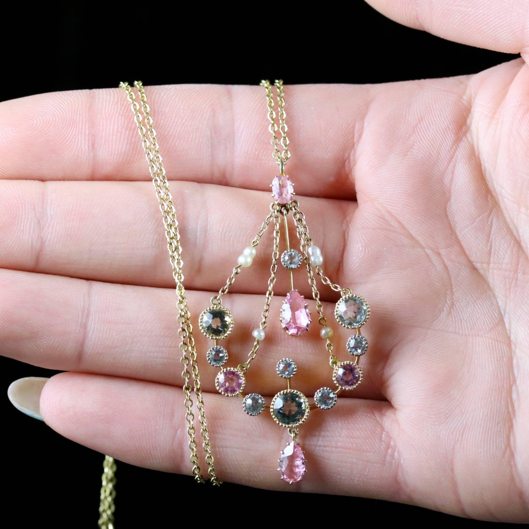 Victorian Aquamarine Pink Sapphire 18 Carat Necklace, circa 1900 3