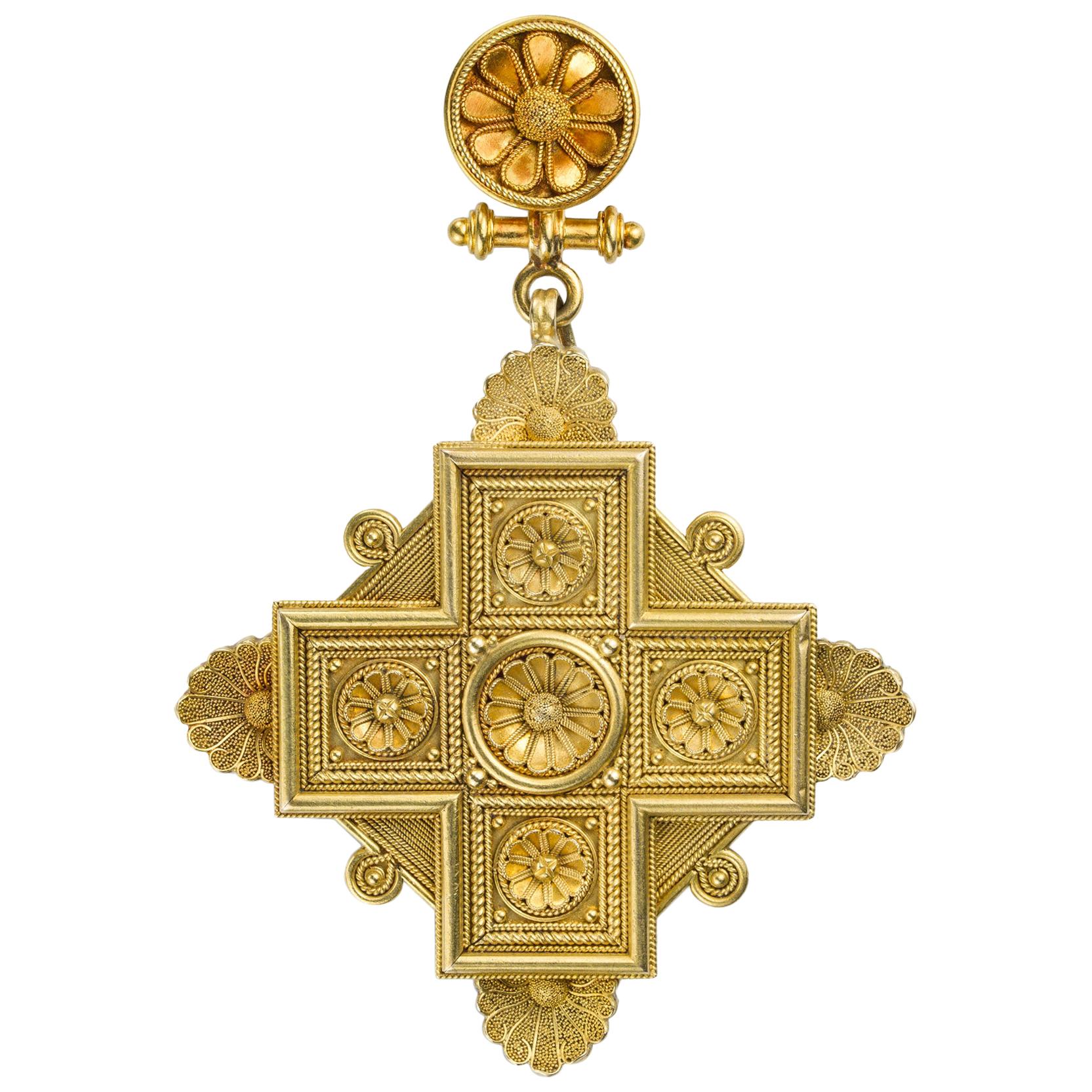 Victorian Archaeological Revival Gold Cross Pendant Brooch