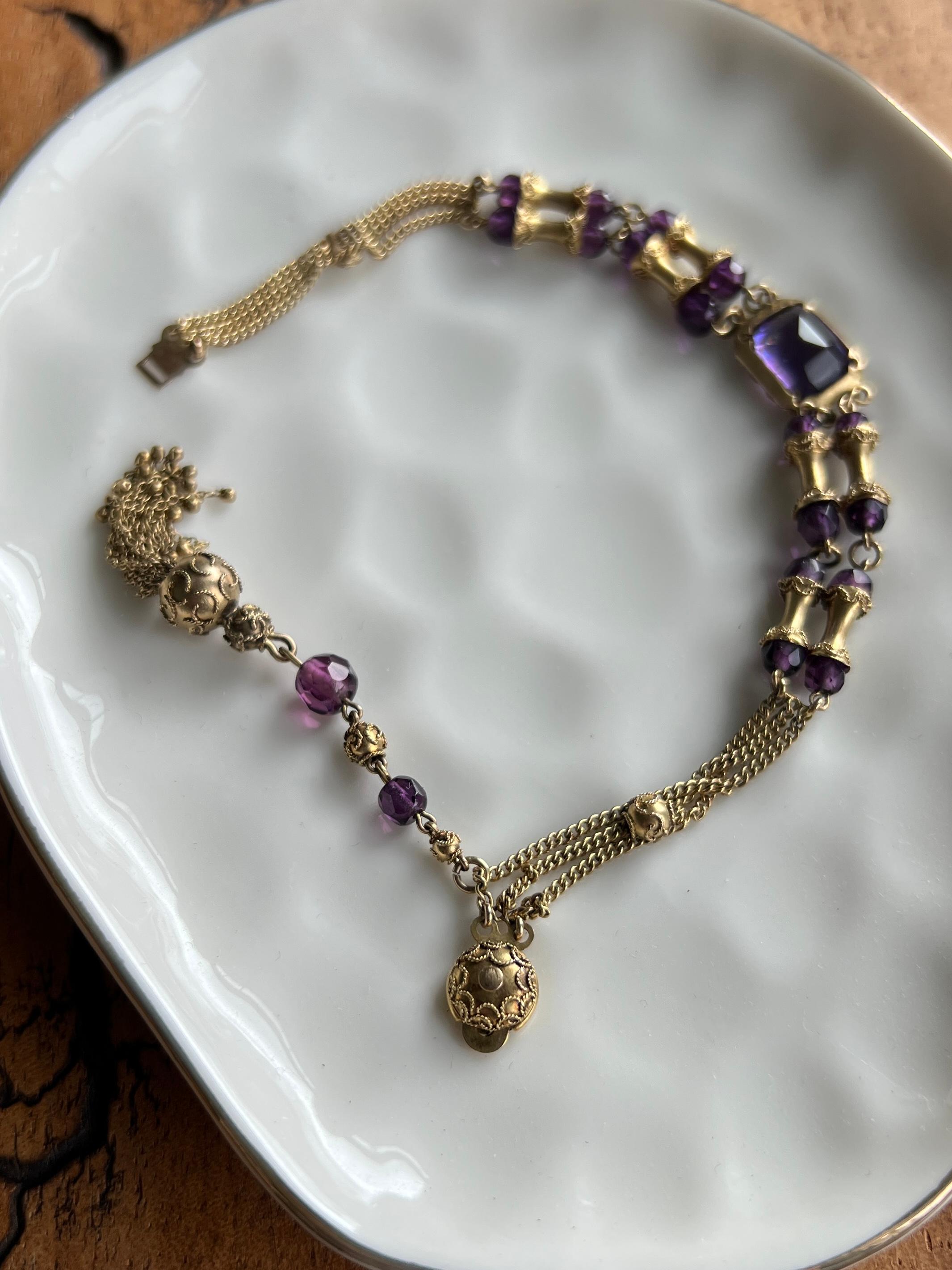 Gothic Revival Victorian Archaeological Revival Purple Glass Bead & Yellow Gold Chain Bracelet For Sale