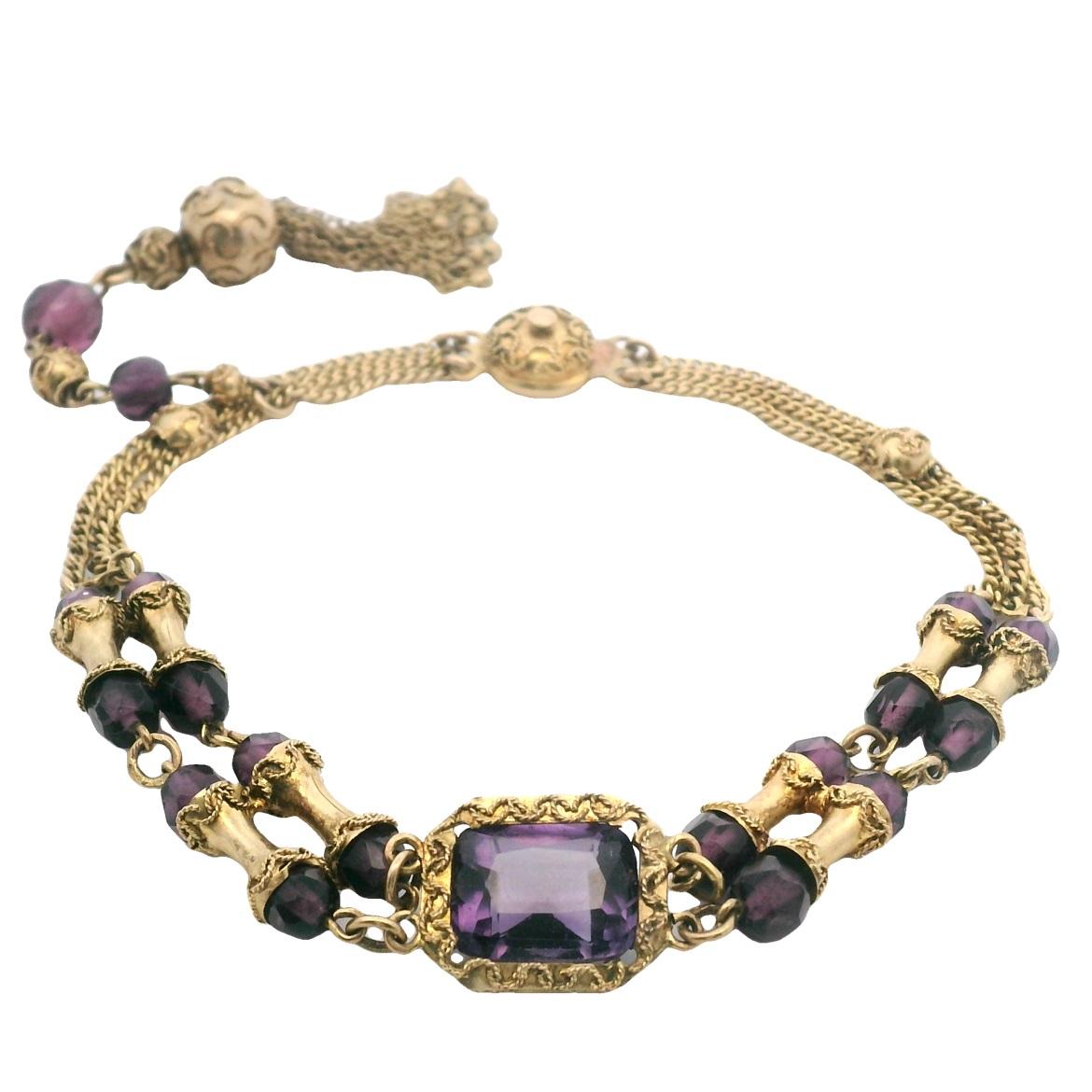 Victorian Archaeological Revival Purple Glass Bead & Yellow Gold Chain Bracelet For Sale 1