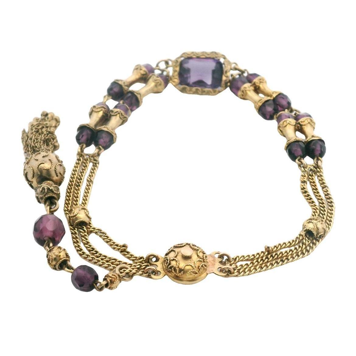 Victorian Archaeological Revival Purple Glass Bead & Yellow Gold Chain Bracelet For Sale 2