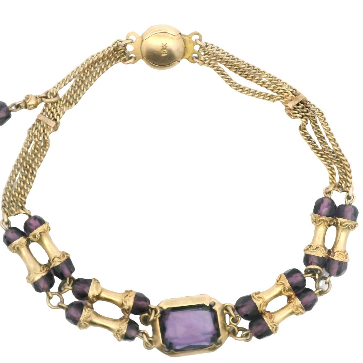 Victorian Archaeological Revival Purple Glass Bead & Yellow Gold Chain Bracelet For Sale 3