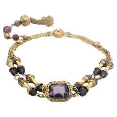 Victorian Archaeological Revival Purple Glass Bead & Yellow Gold Chain Bracelet
