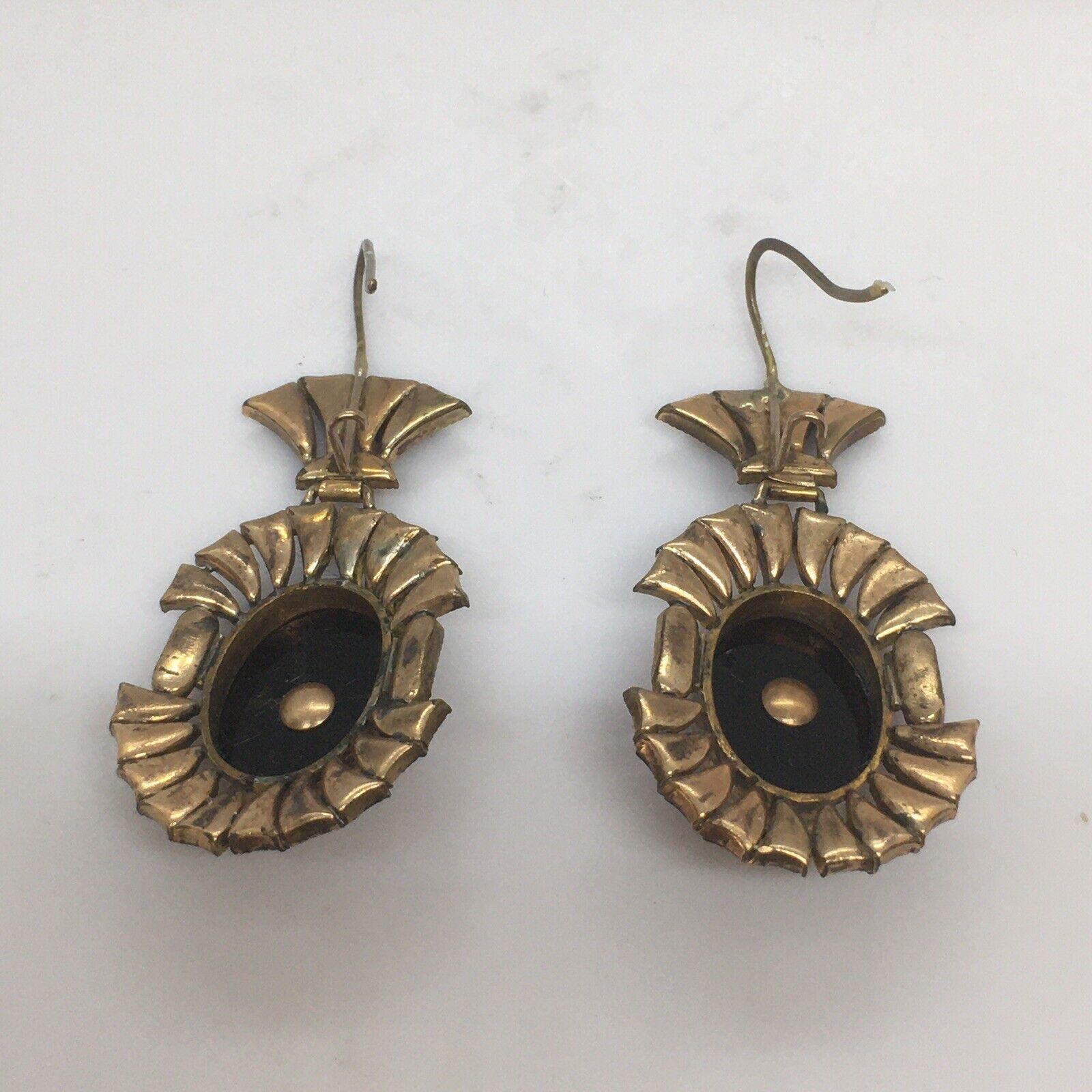 Cabochon Victorian Archeological Revival Drop Dangle Earrings Rolled Gold, 1880s For Sale