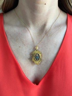 Victorian Archeological Revival Yellow Gold Turquoise Glass Locket Pendant 1800s