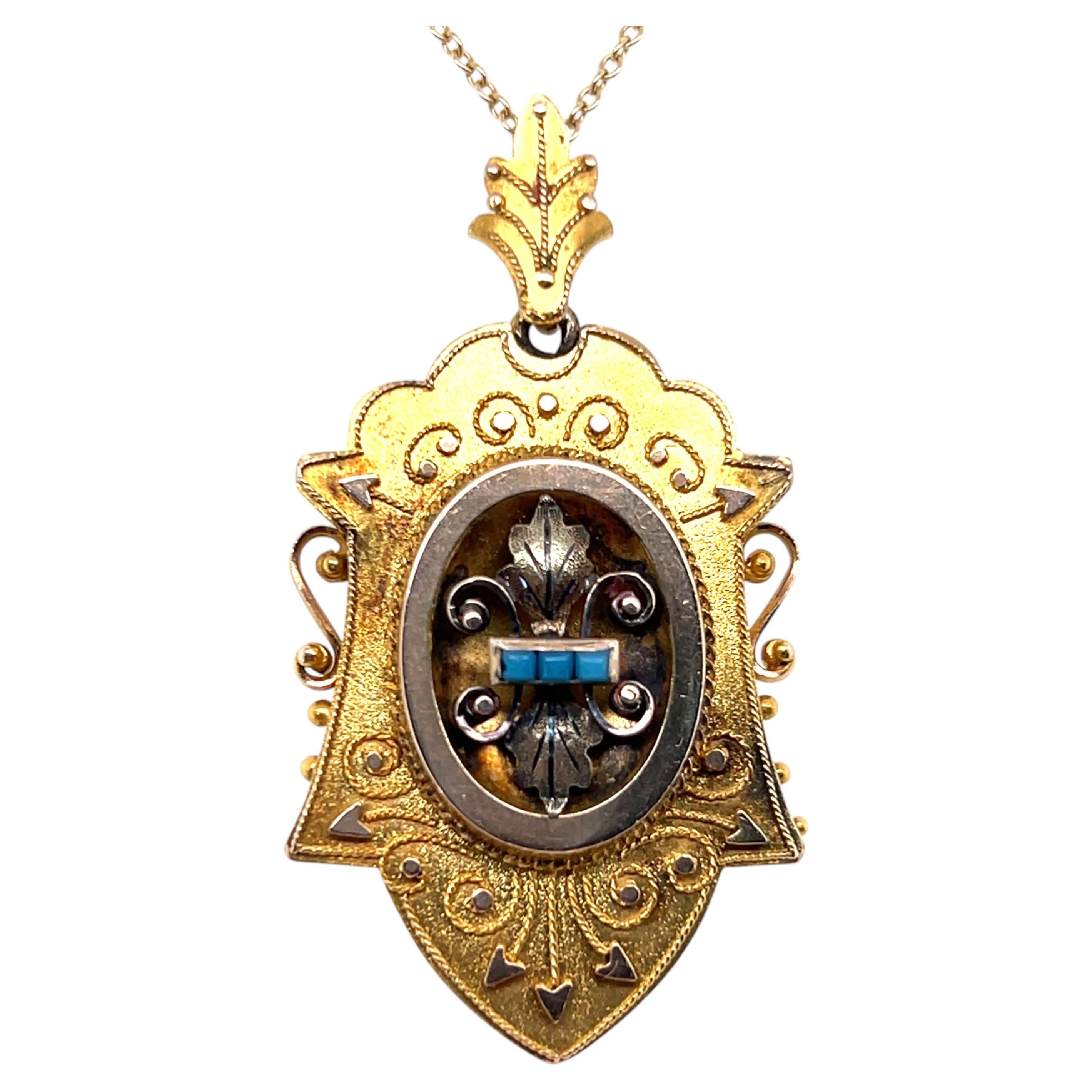 Victorian Archeological Revival Yellow Gold Turquoise Glass Locket Pendant 1800s For Sale